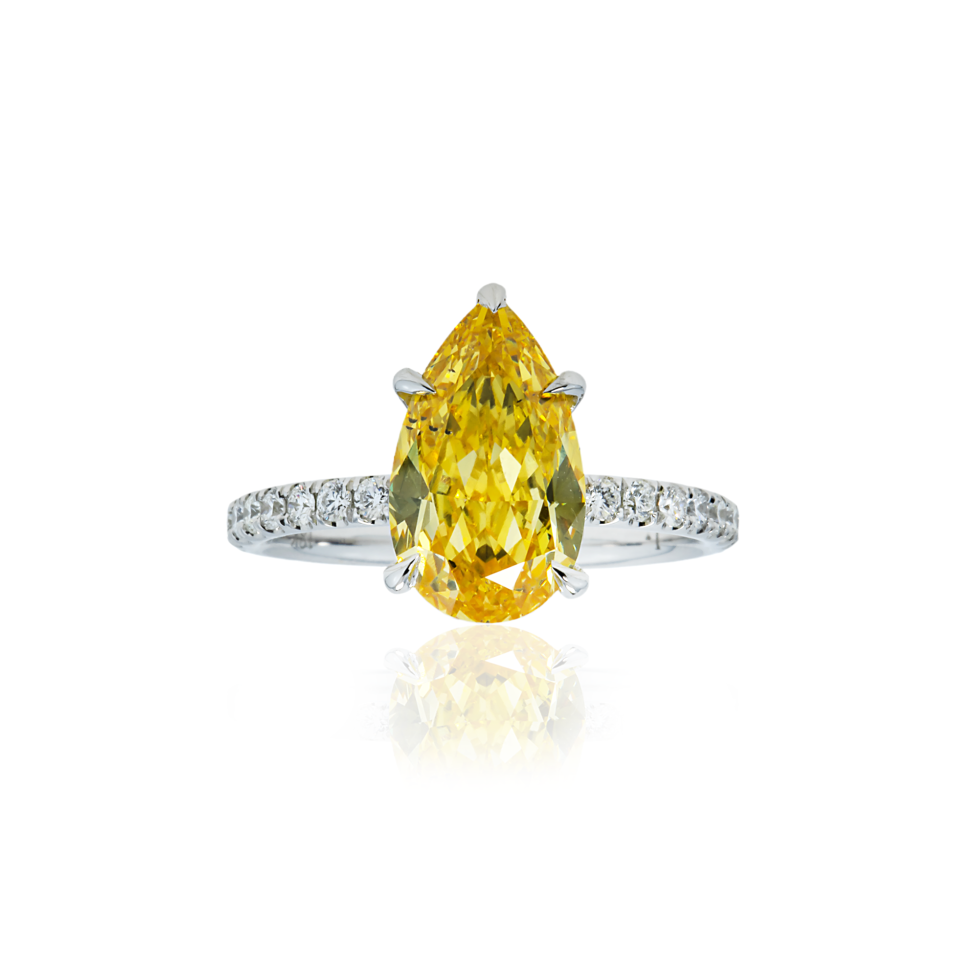 18K White Gold 3.05Ct Pear Cut Fancy Vivid Yellow Diamond Engagement Ring 3.60Ctw Bridal