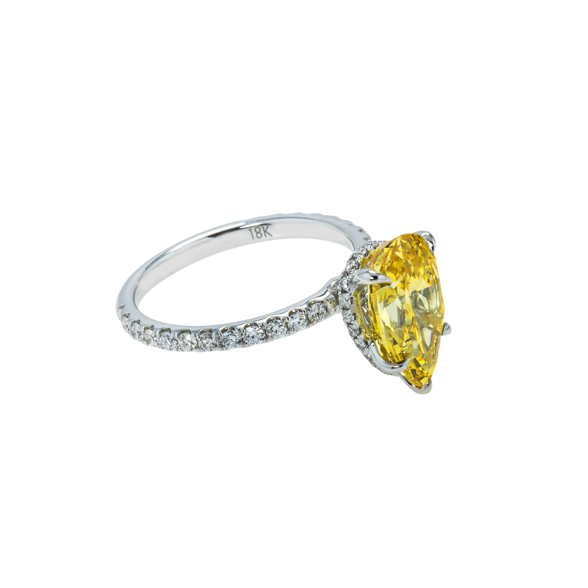18K White Gold 3.05Ct Pear Cut Fancy Vivid Yellow Diamond Engagement Ring 3.60Ctw Bridal