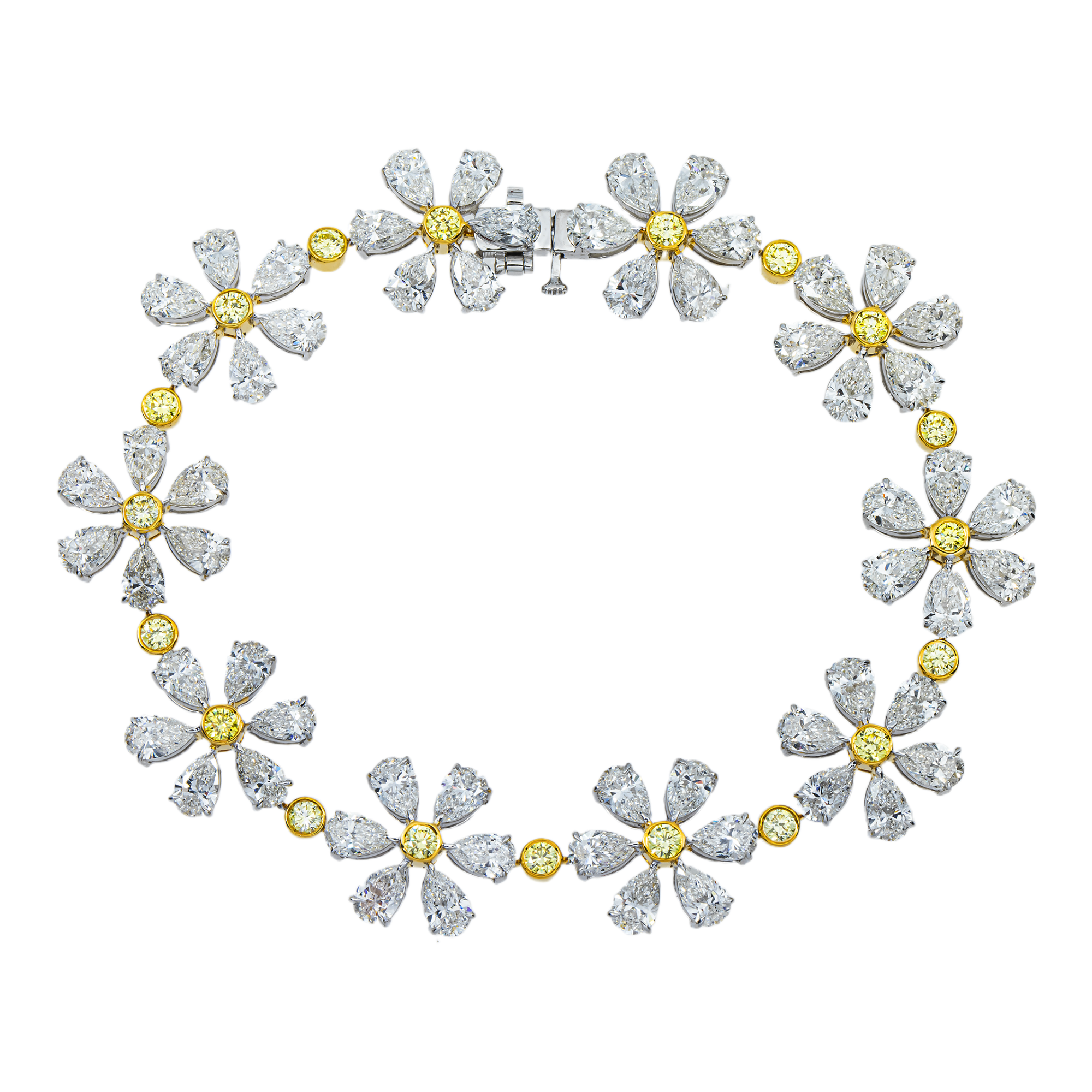 14K Two Tone Multi Cut Fancy Yellow & White Diamond Flower Bracelet 16.52ct