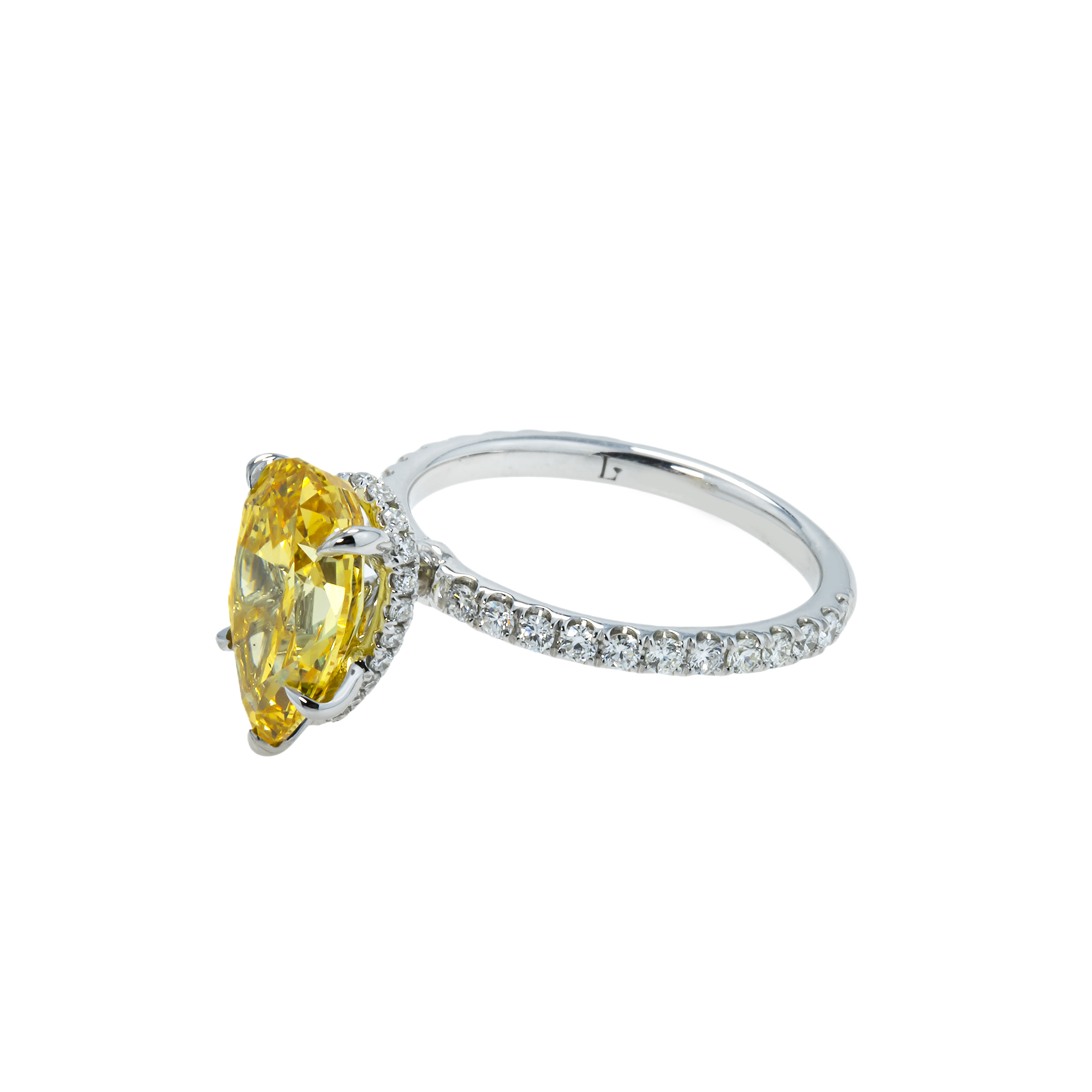 18K White Gold 3.05Ct Pear Cut Fancy Vivid Yellow Diamond Engagement Ring 3.60Ctw Bridal
