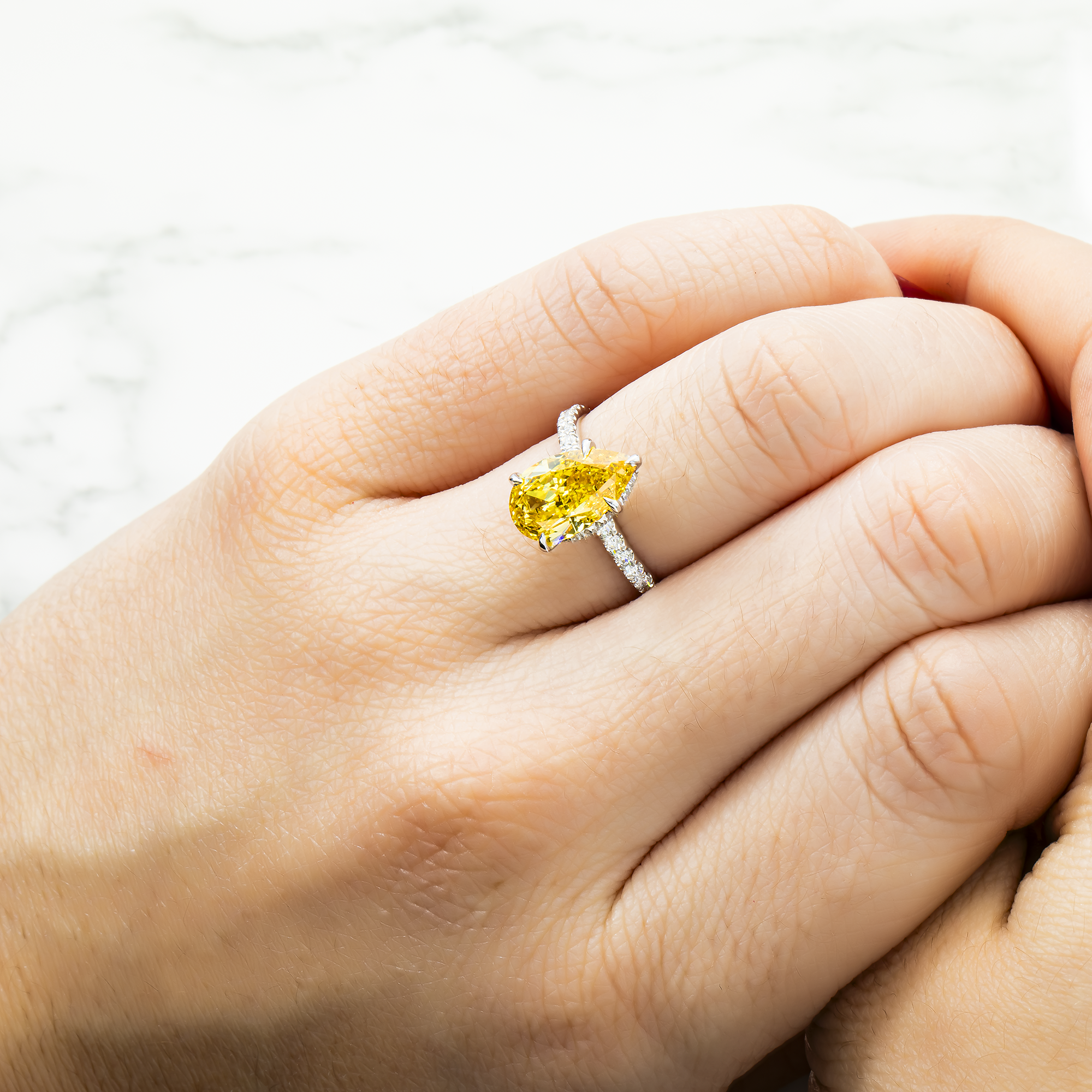 18K White Gold 3.05Ct Pear Cut Fancy Vivid Yellow Diamond Engagement Ring 3.60Ctw Bridal