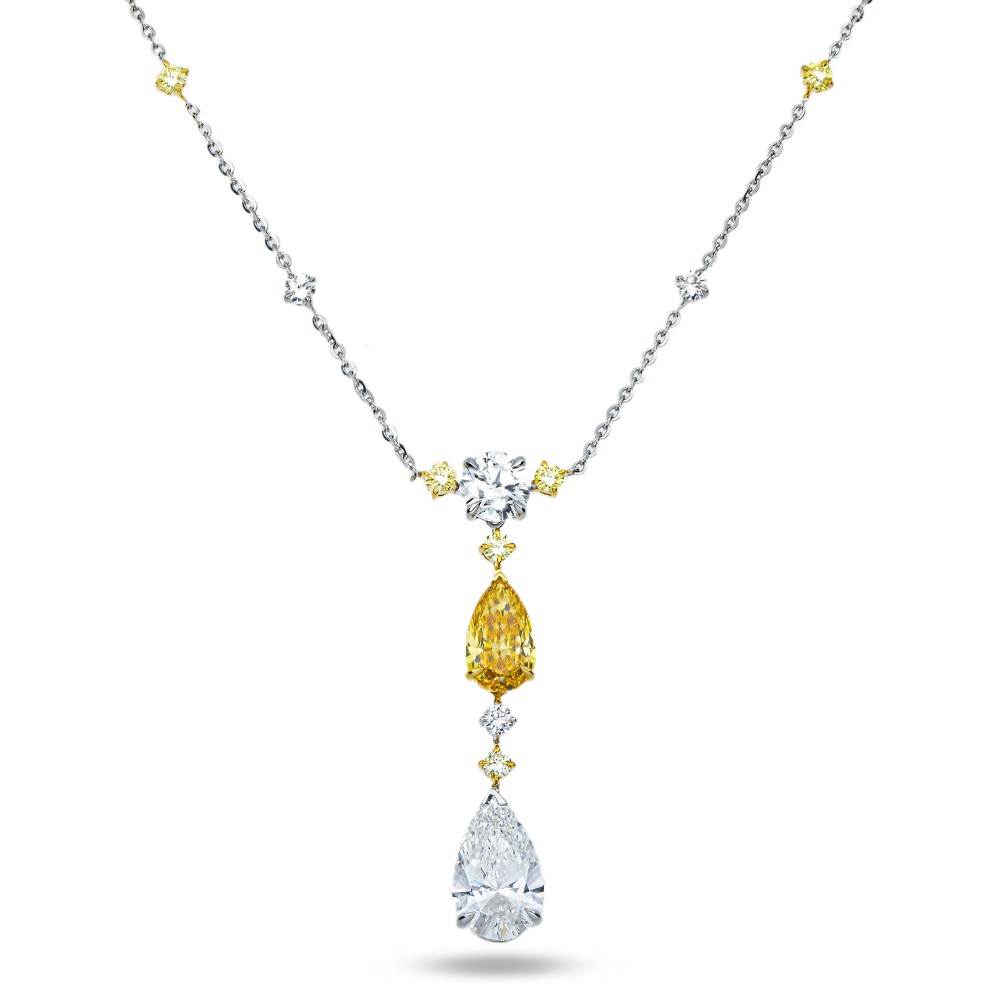 14K Two Tone Multi Cut Fancy Yellow & White Diamond Satellite Drop Necklace 7.05ct