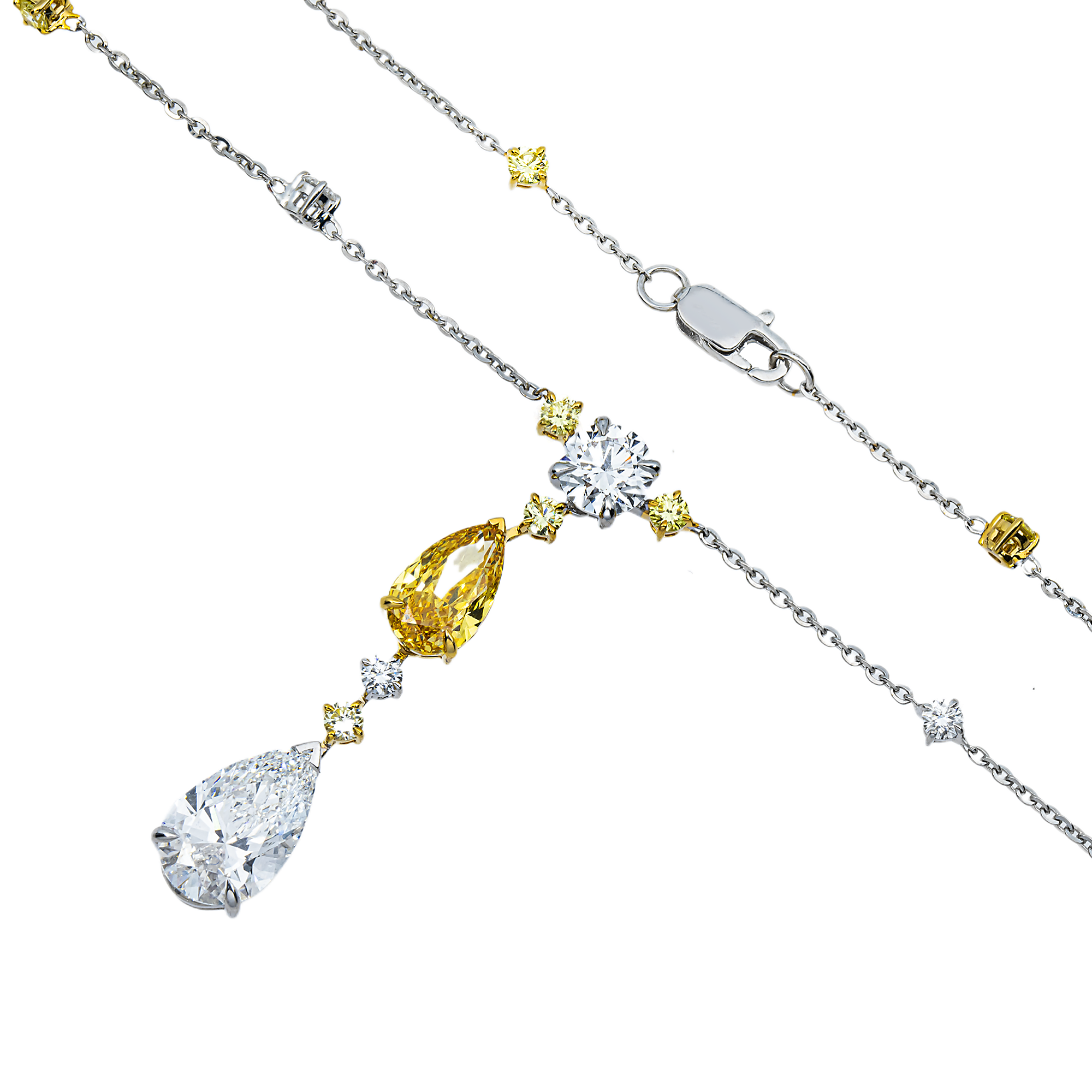 14K Two Tone Multi Cut Fancy Yellow & White Diamond Satellite Drop Necklace 7.05ct
