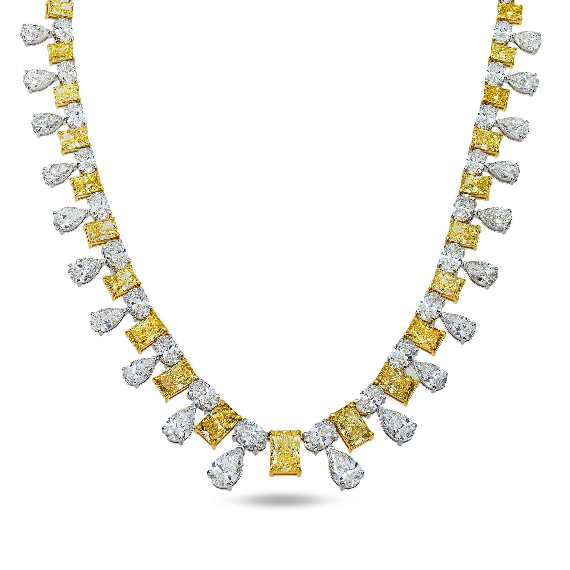 14K Two Tone Graduated Multi Cut Fancy Yellow & White Diamond Drop Necklace 53.81ct