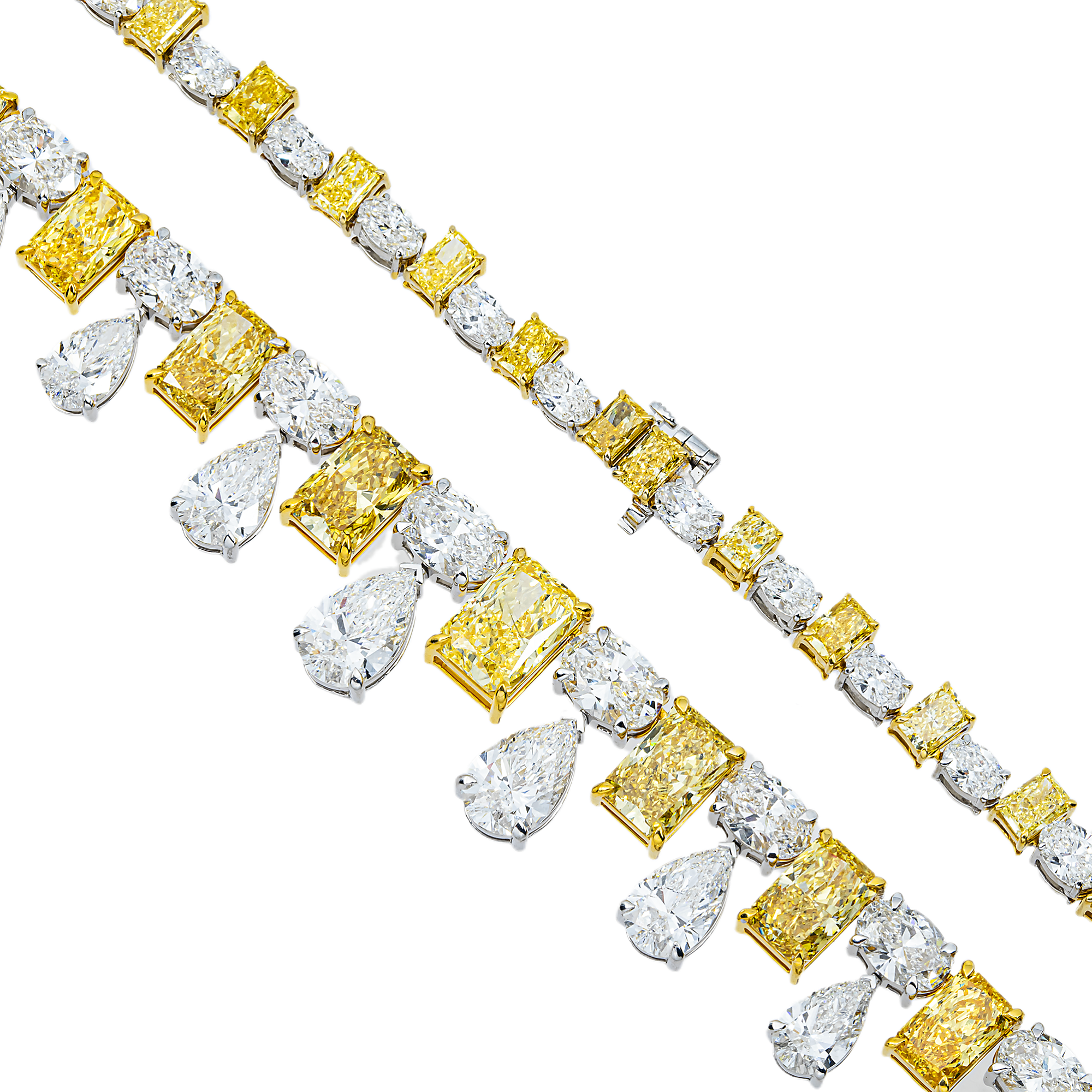 14K Two Tone Graduated Multi Cut Fancy Yellow & White Diamond Drop Necklace 53.81ct