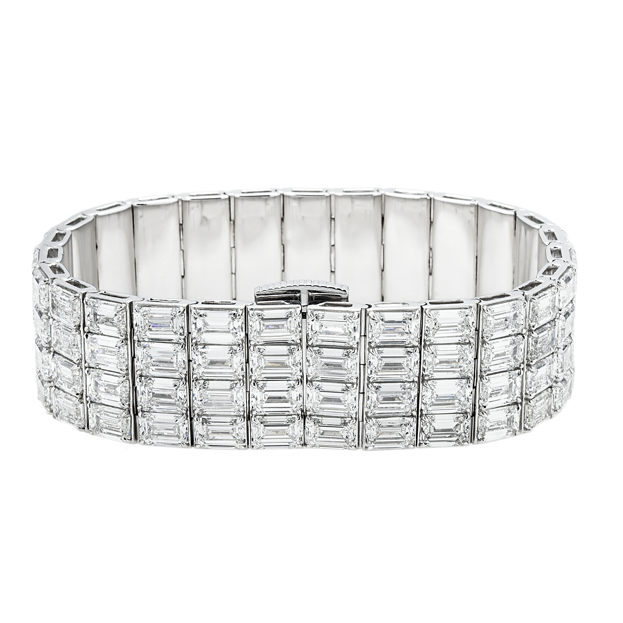 14K White Gold 4 Row Emerald Cut Diamond Bracelet 115.98Ct Bracelets