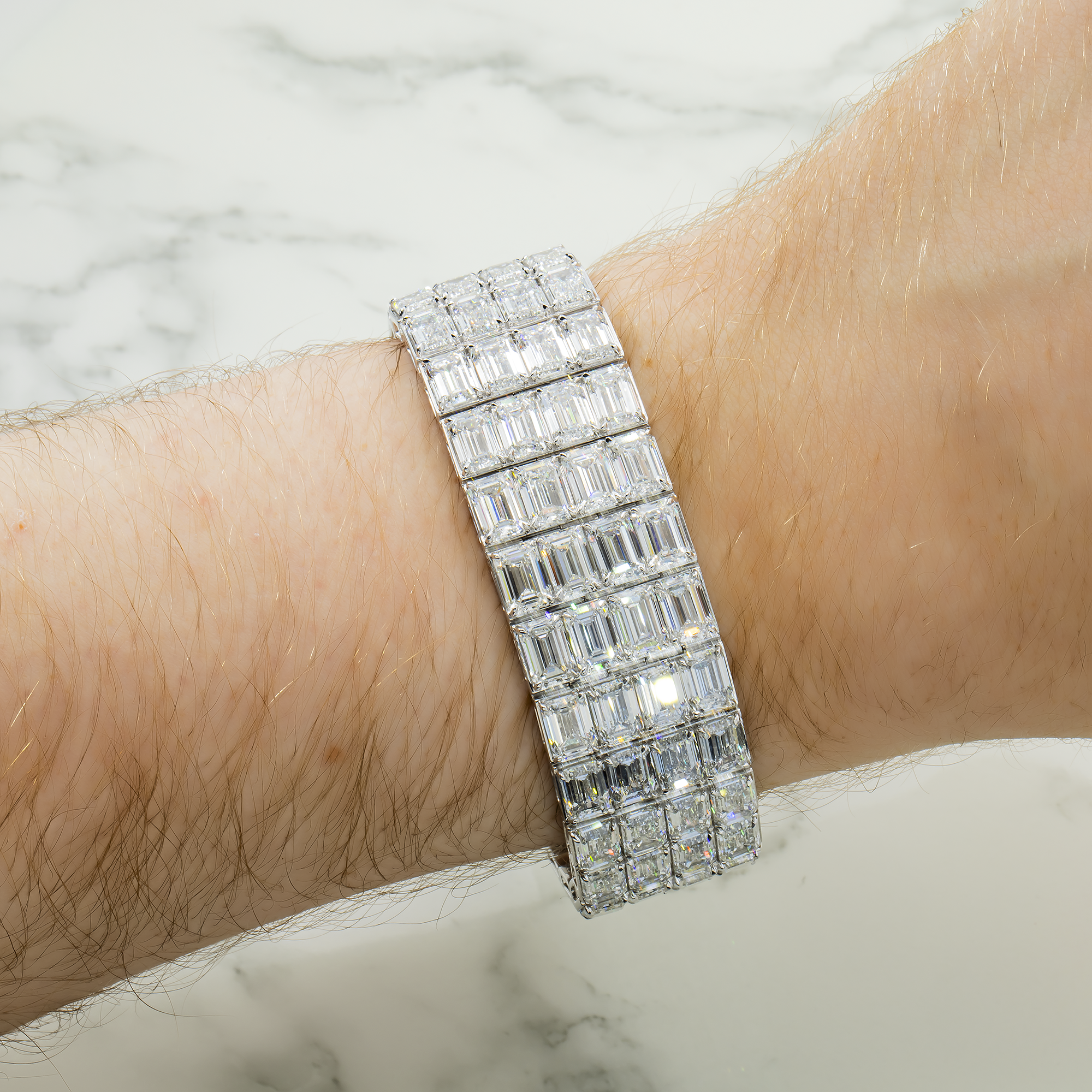 14K White Gold 4 Row Emerald Cut Diamond Bracelet 115.98Ct Bracelets