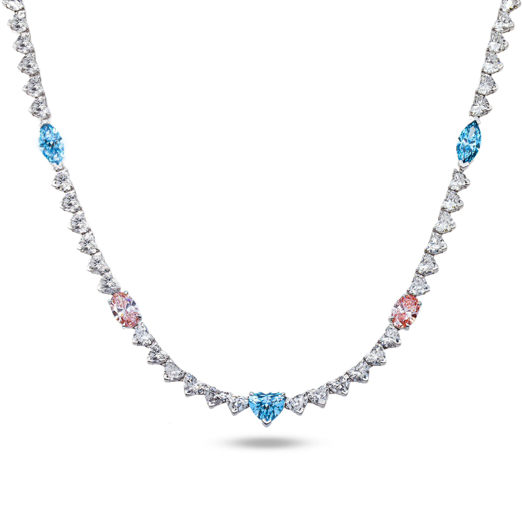 14K White Gold Multi Cut Fancy Pink & Blue Diamond Tennis Chain 28.40ct