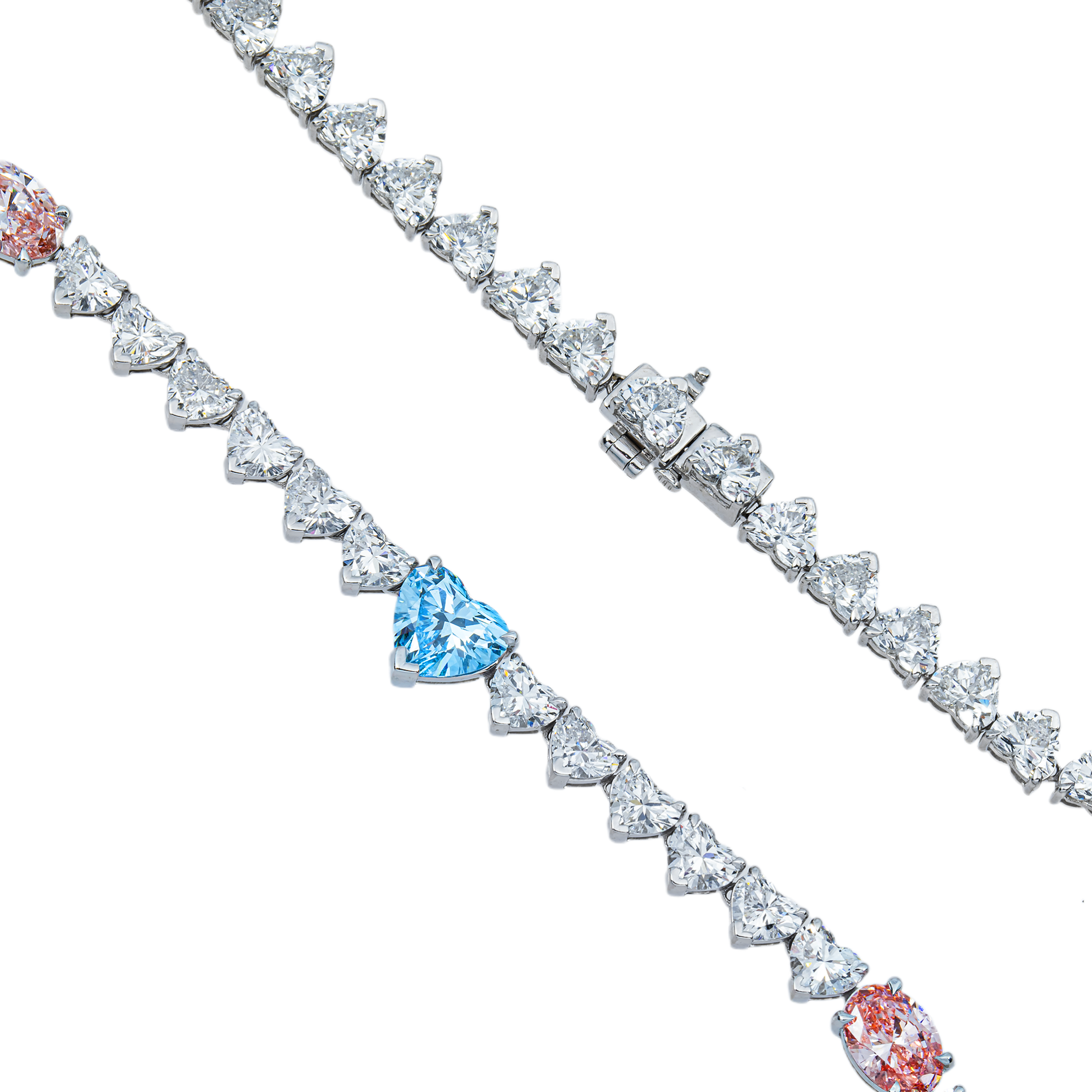 14K White Gold Multi Cut Fancy Pink & Blue Diamond Tennis Chain 28.40ct