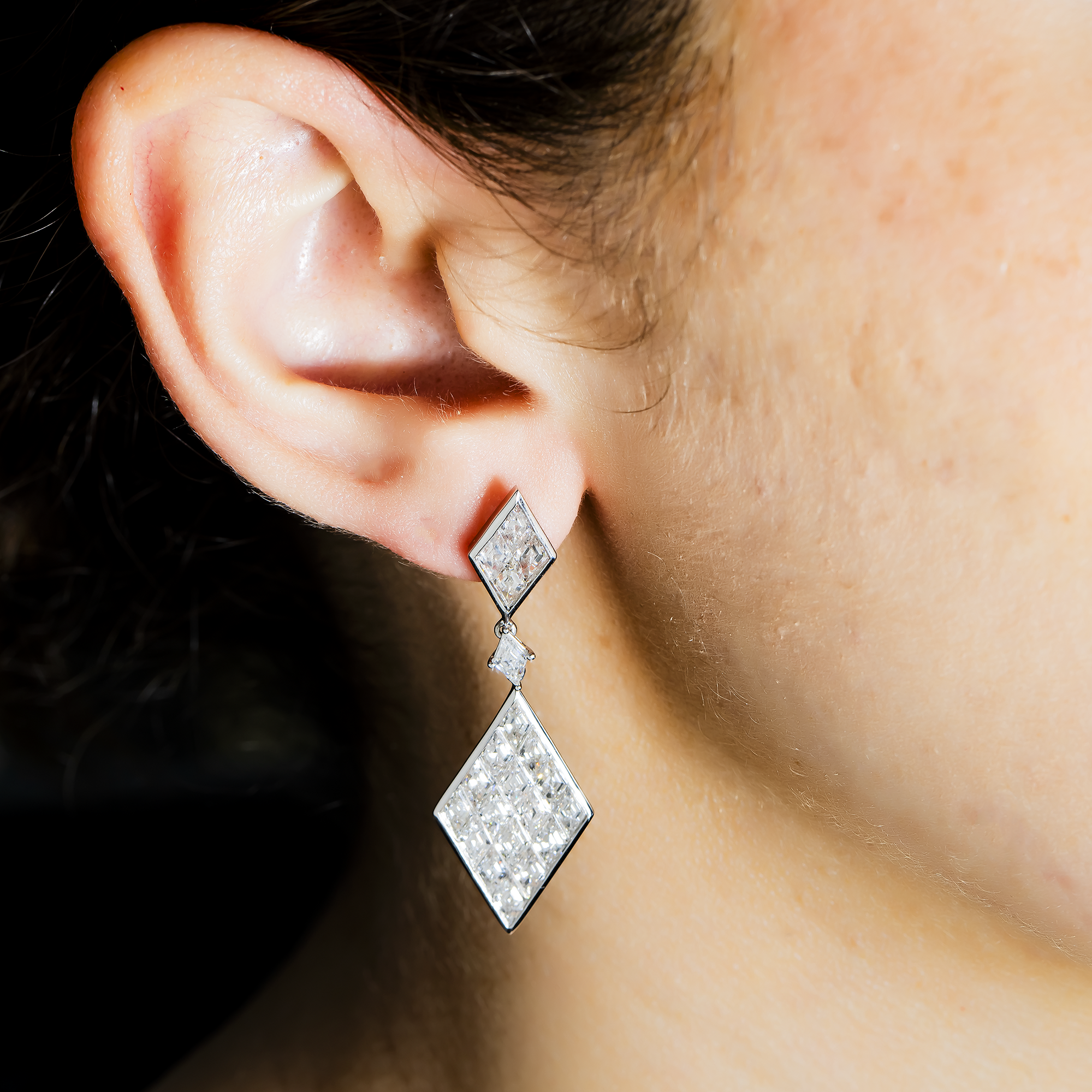 14K White Gold Three Tier Emerald Cut Diamond Drop Earrings 8.38Ct