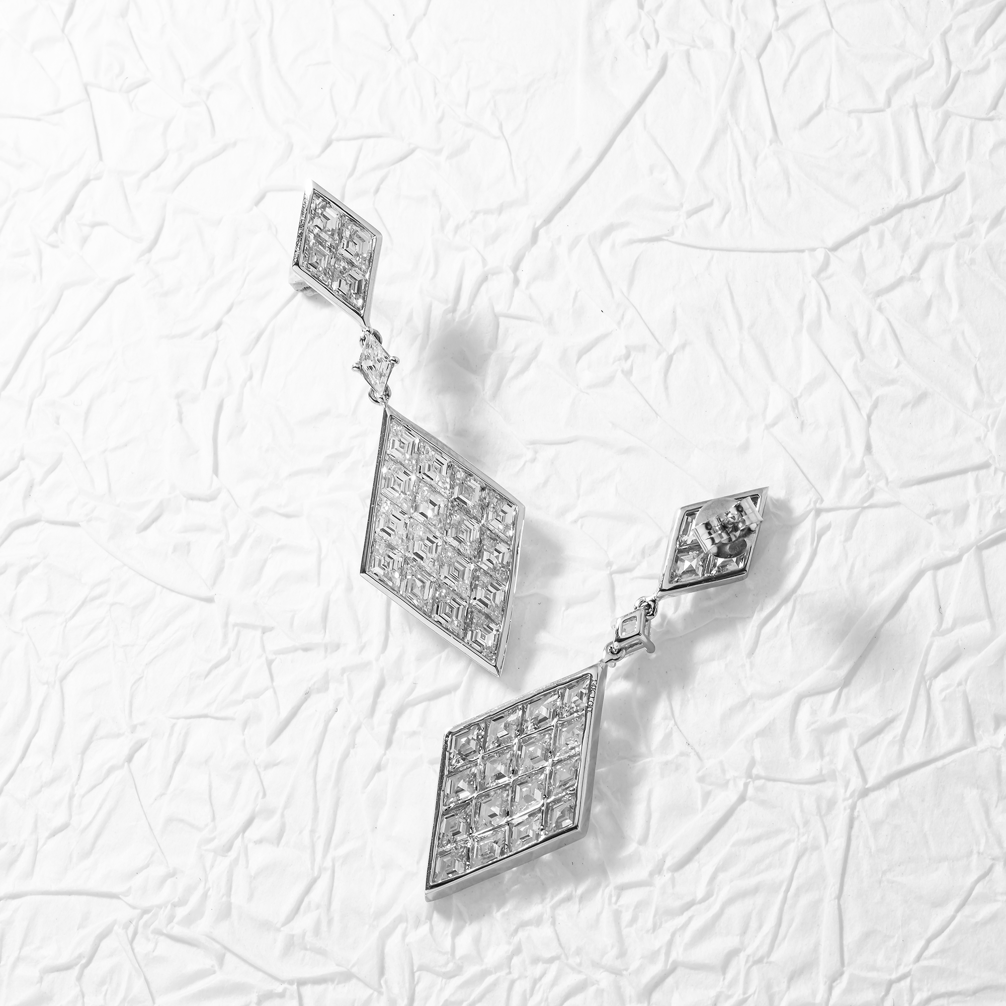 14K White Gold Three Tier Emerald Cut Diamond Drop Earrings 8.38Ct