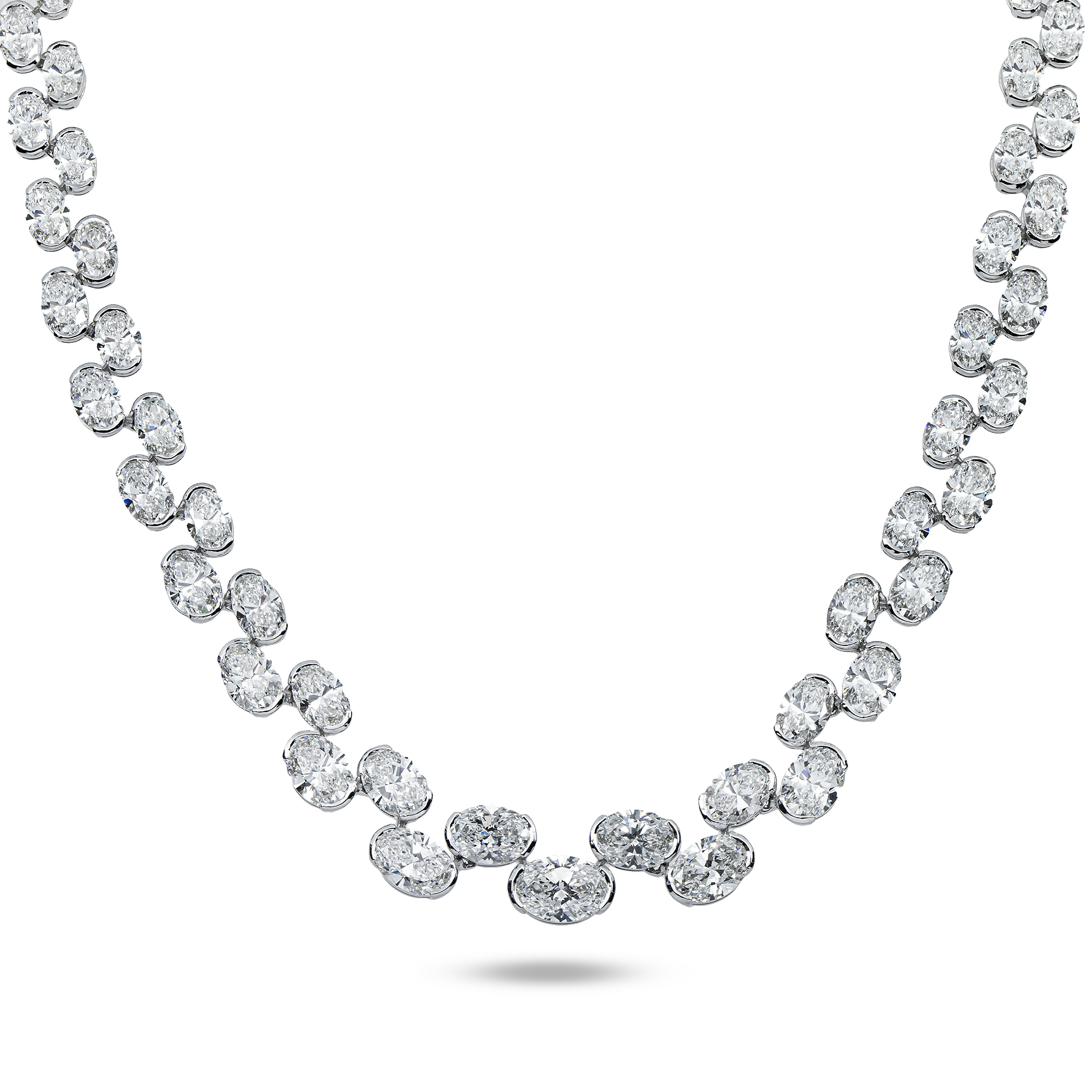 14K White Gold Graduated Oval Cut Floating Diamond Tennis Chain 39.15ct