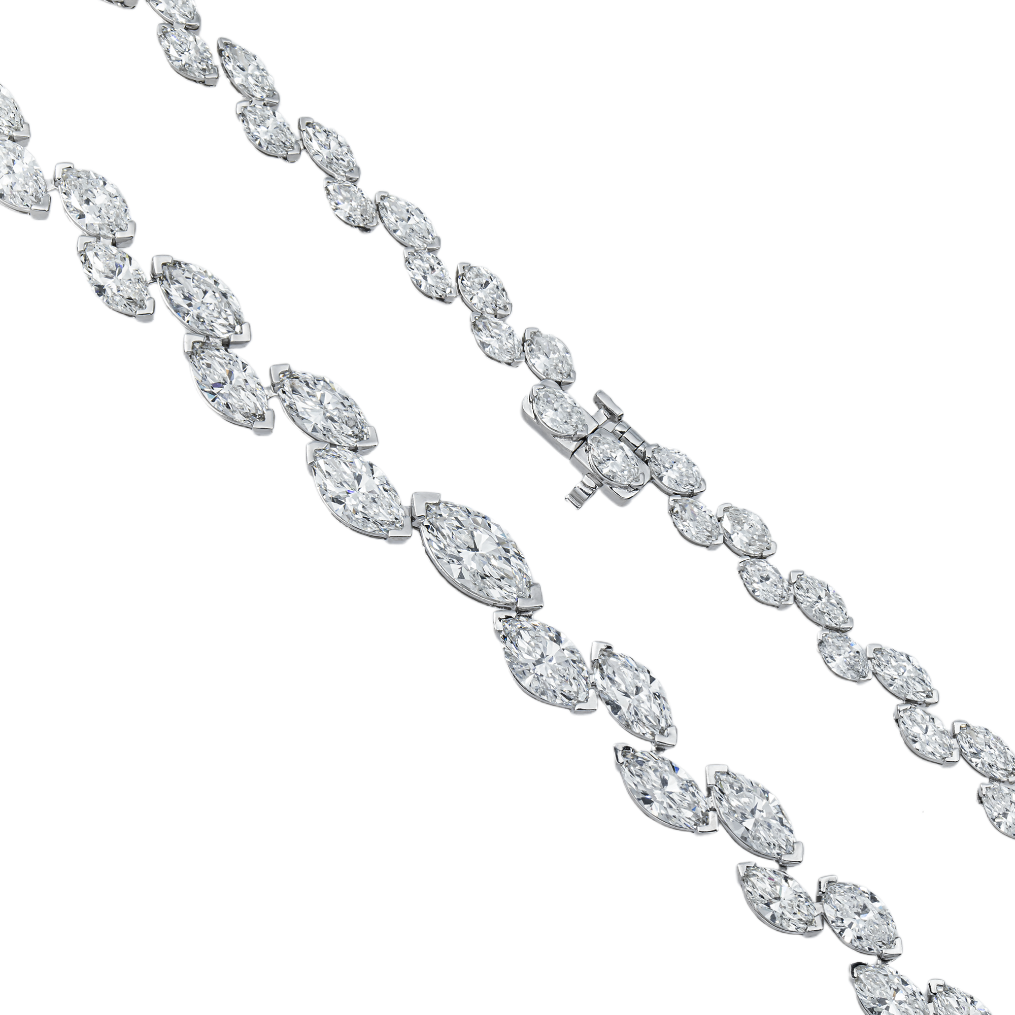 14K White Gold Graduated Marquise Diamond Rosebud Tennis Chain 28.07ct