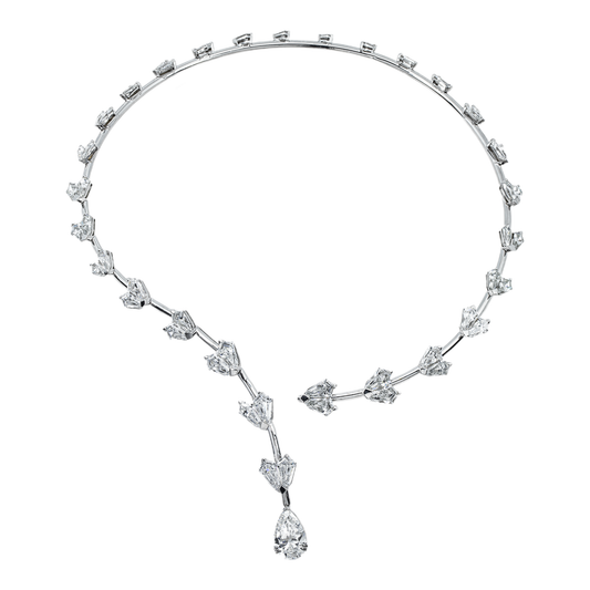 14K White Gold Pear & Step Cut Kite Diamond Satellite Drop Necklace 33.10ct