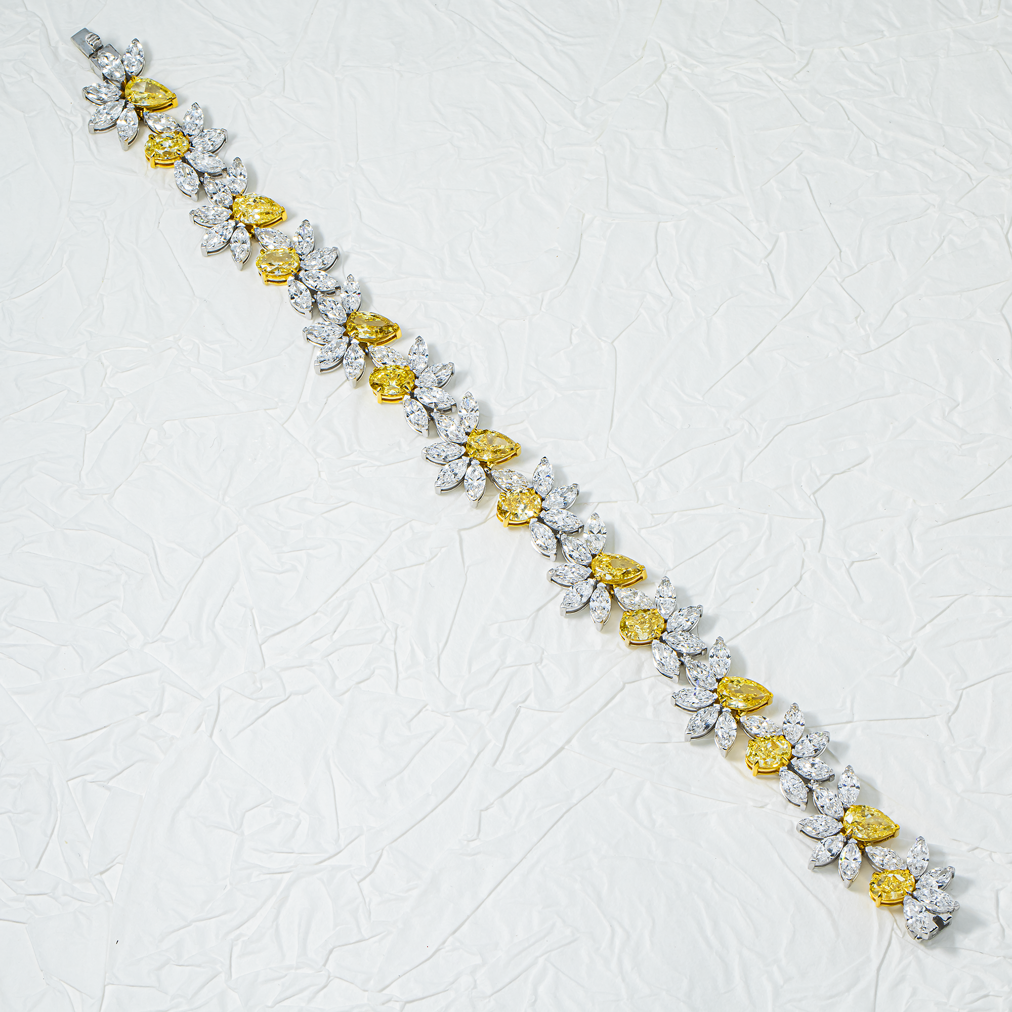 14K Two Tone Multi Cut Fancy Yellow & White Diamond Rose Bud Bracelet 26.54ct