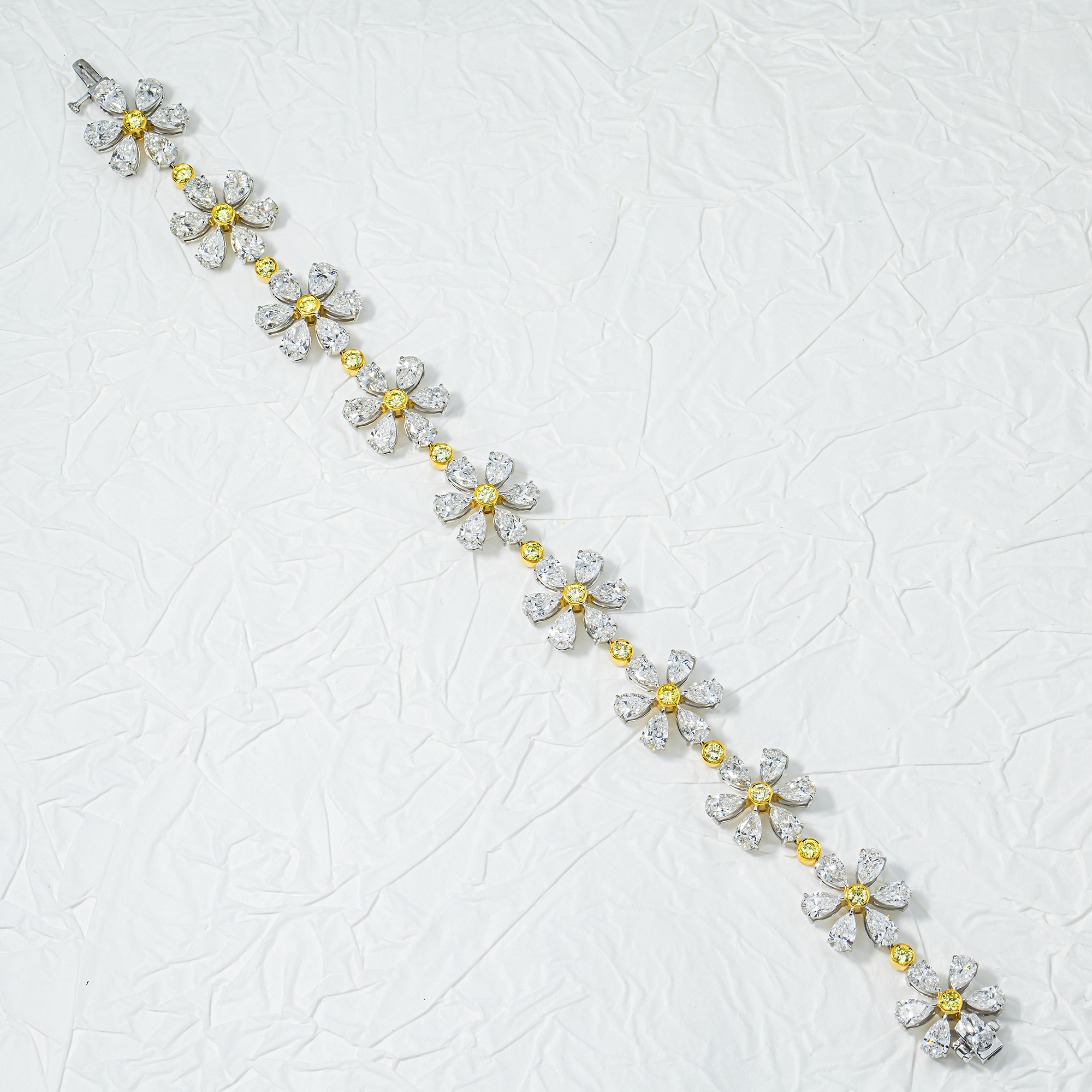 14K Two Tone Multi Cut Fancy Yellow & White Diamond Flower Bracelet 16.52ct