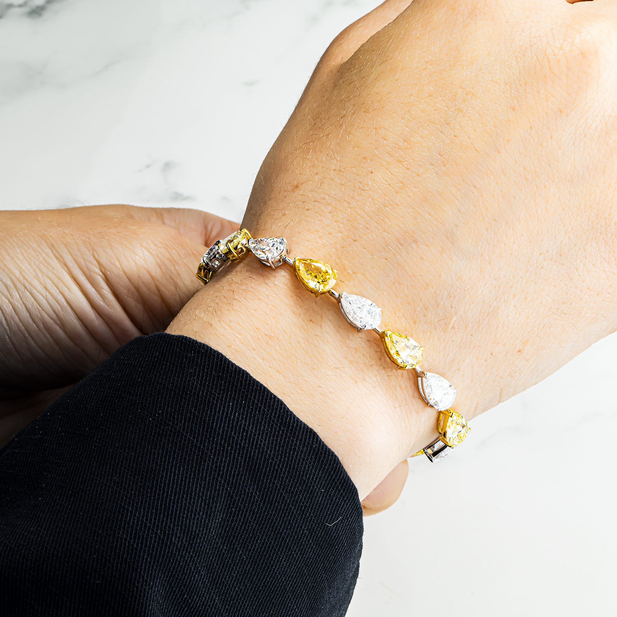 14K Two Tone Fancy Yellow & White Pear Cut Diamond Satellite Bracelet 20.21ct