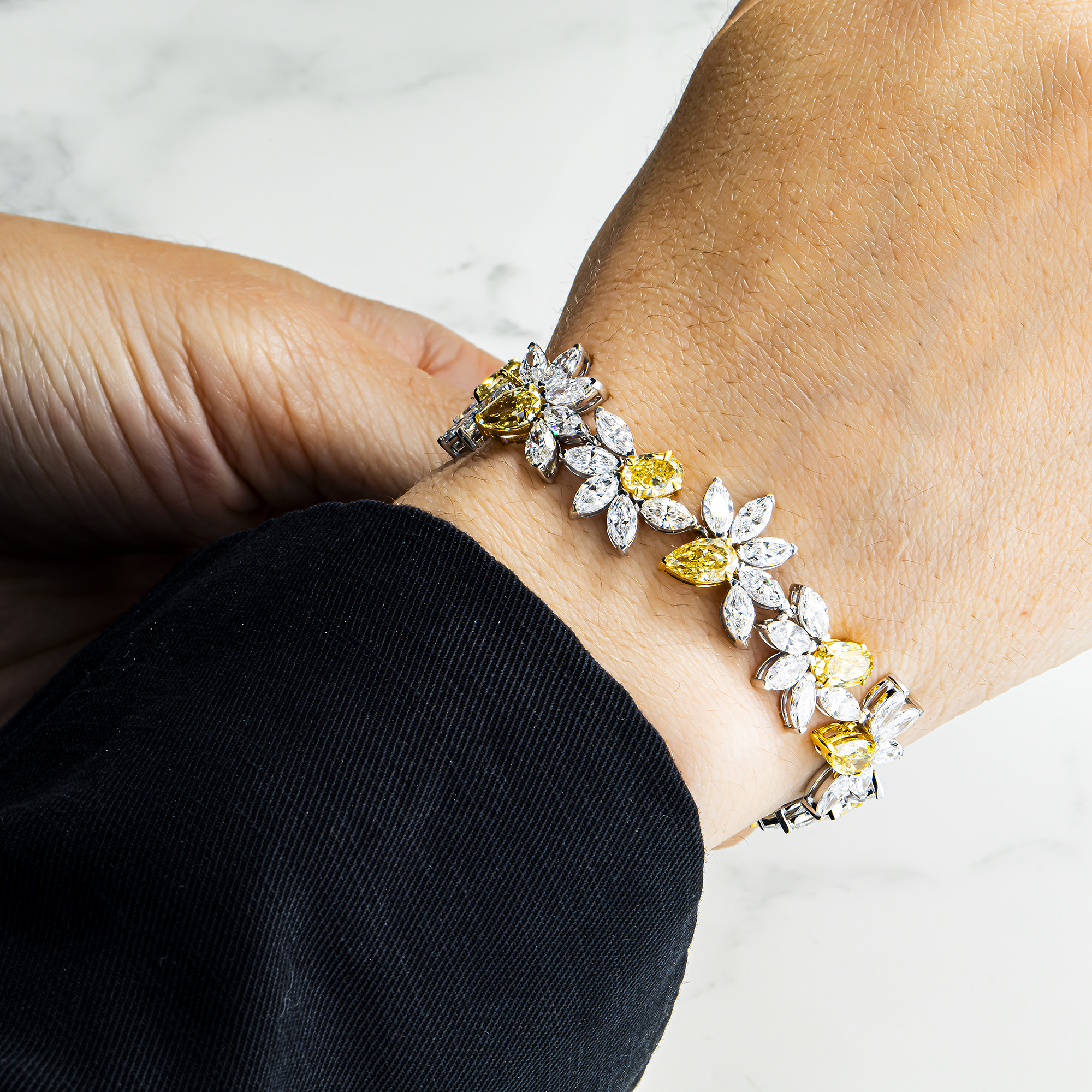 14K Two Tone Multi Cut Fancy Yellow & White Diamond Rose Bud Bracelet 26.54ct