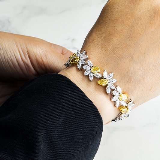 14K Two Tone Multi Cut Fancy Yellow & White Diamond Rose Bud Bracelet 26.54ct