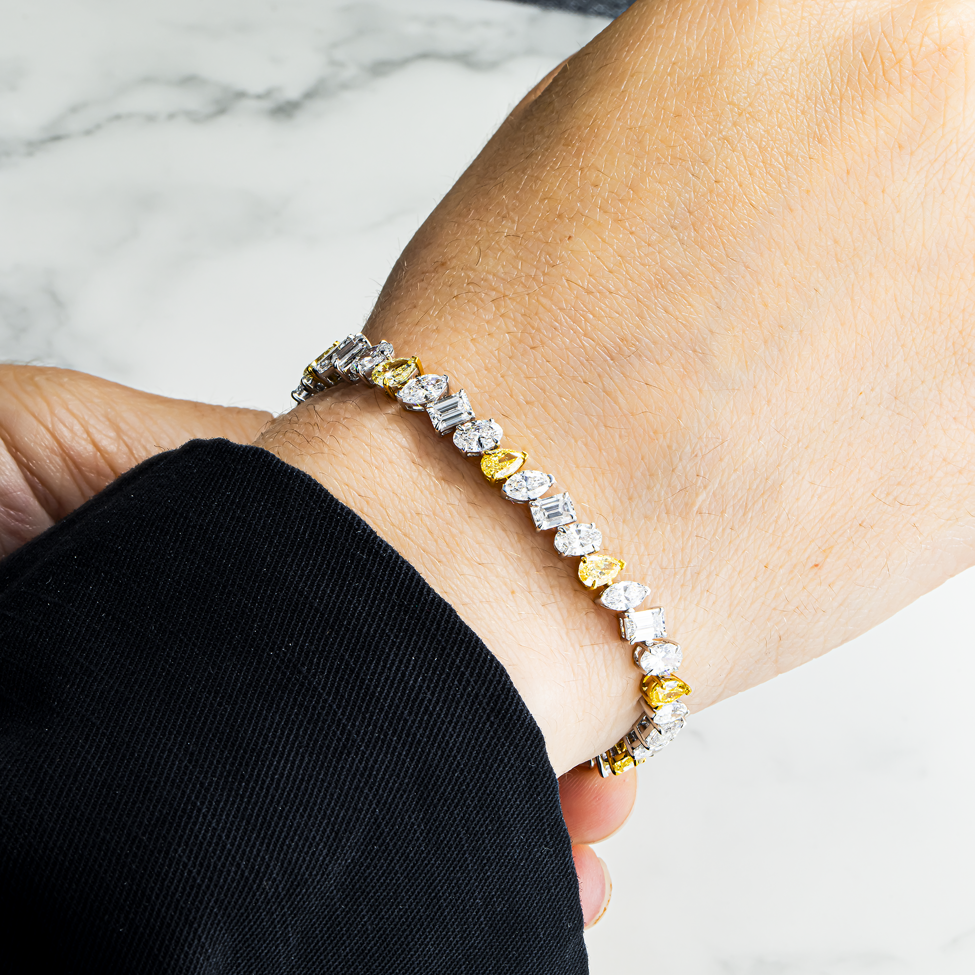 14K Two Tone Multi Cut Fancy Yellow & White Diamond Tennis Bracelet 11.92ct