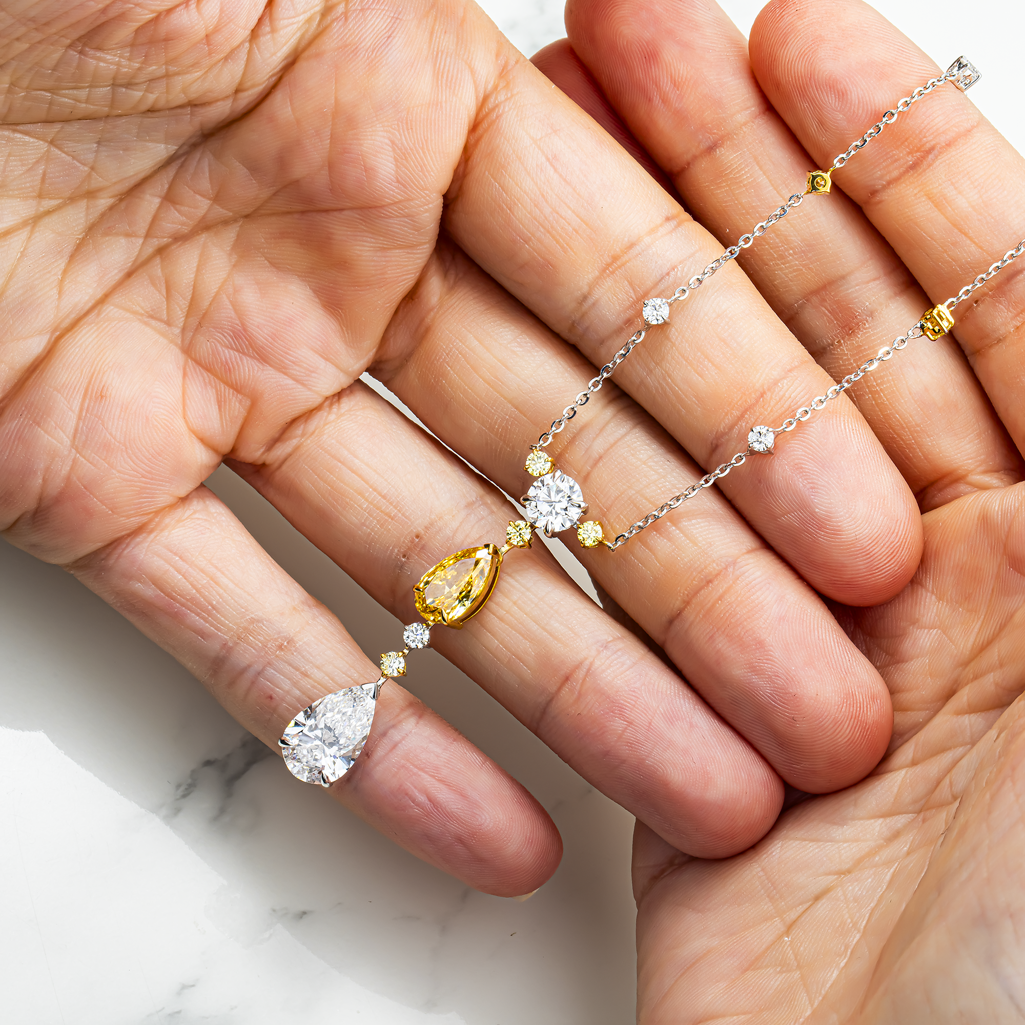 14K Two Tone Multi Cut Fancy Yellow & White Diamond Satellite Drop Necklace 7.05ct