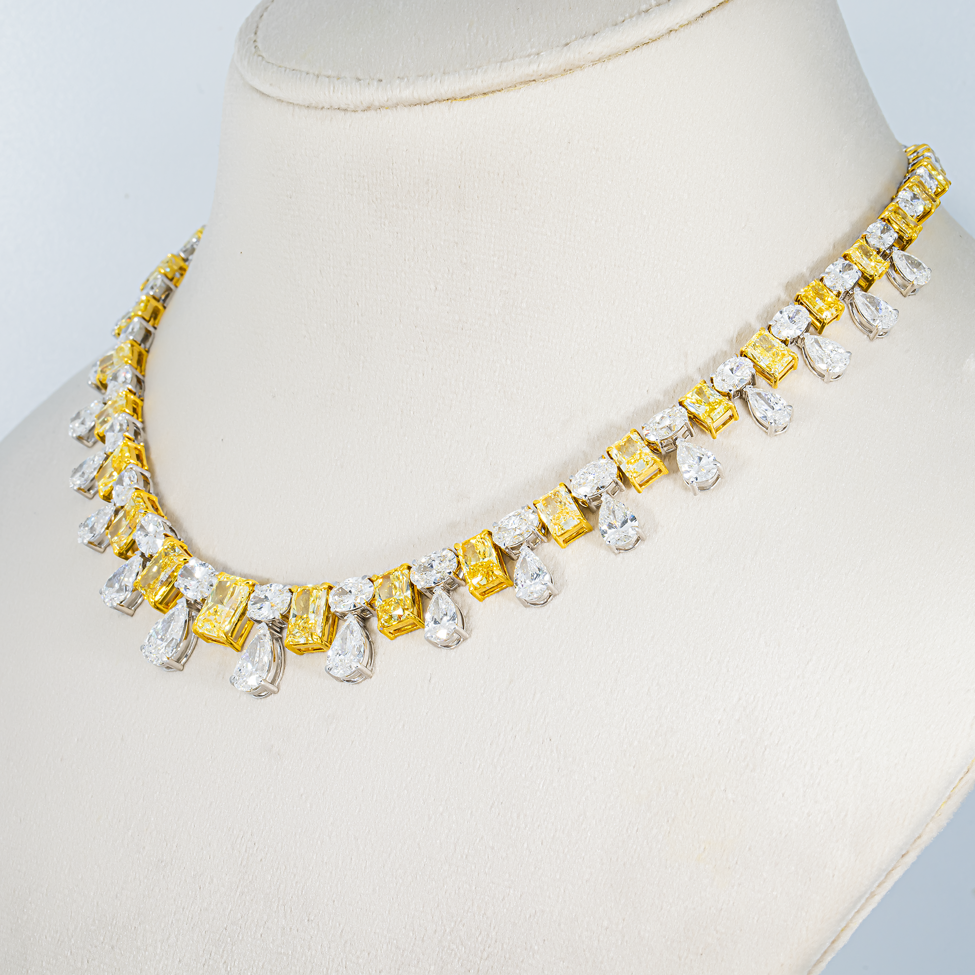 14K Two Tone Graduated Multi Cut Fancy Yellow & White Diamond Drop Necklace 53.81ct