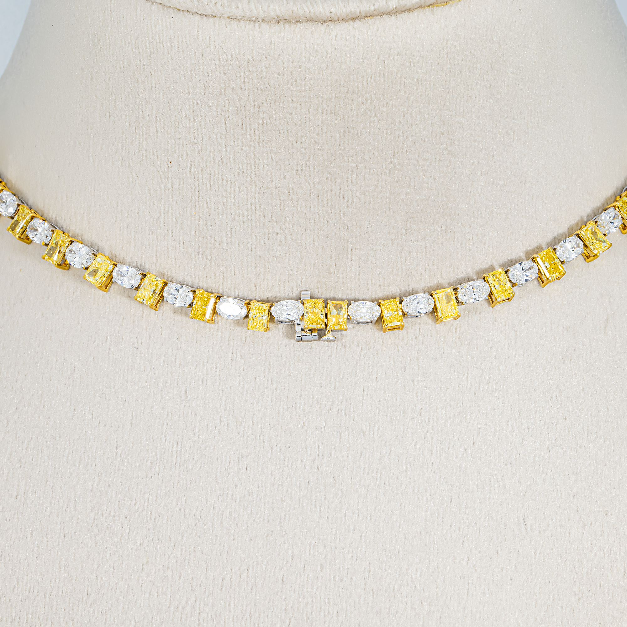 14K Two Tone Graduated Multi Cut Fancy Yellow & White Diamond Drop Necklace 53.81ct