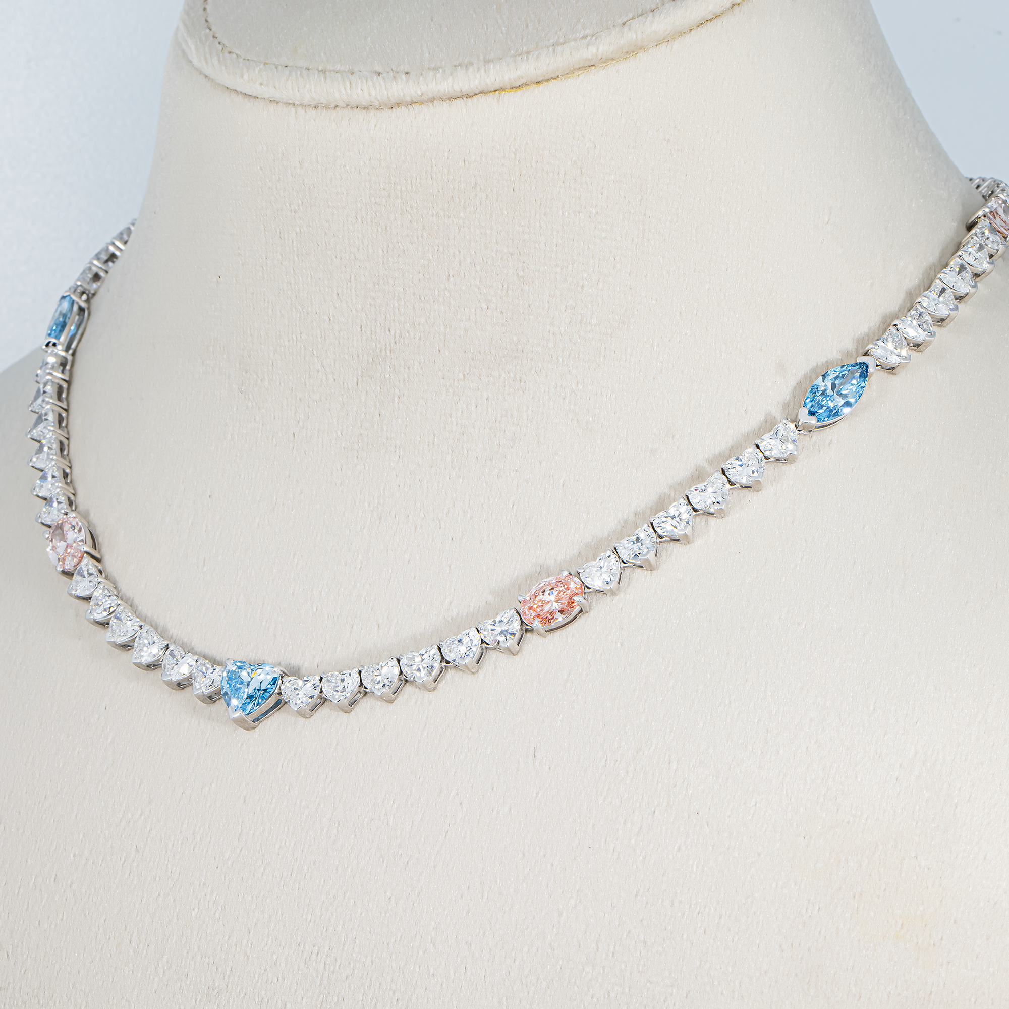 14K White Gold Multi Cut Fancy Pink & Blue Diamond Tennis Chain 28.40ct
