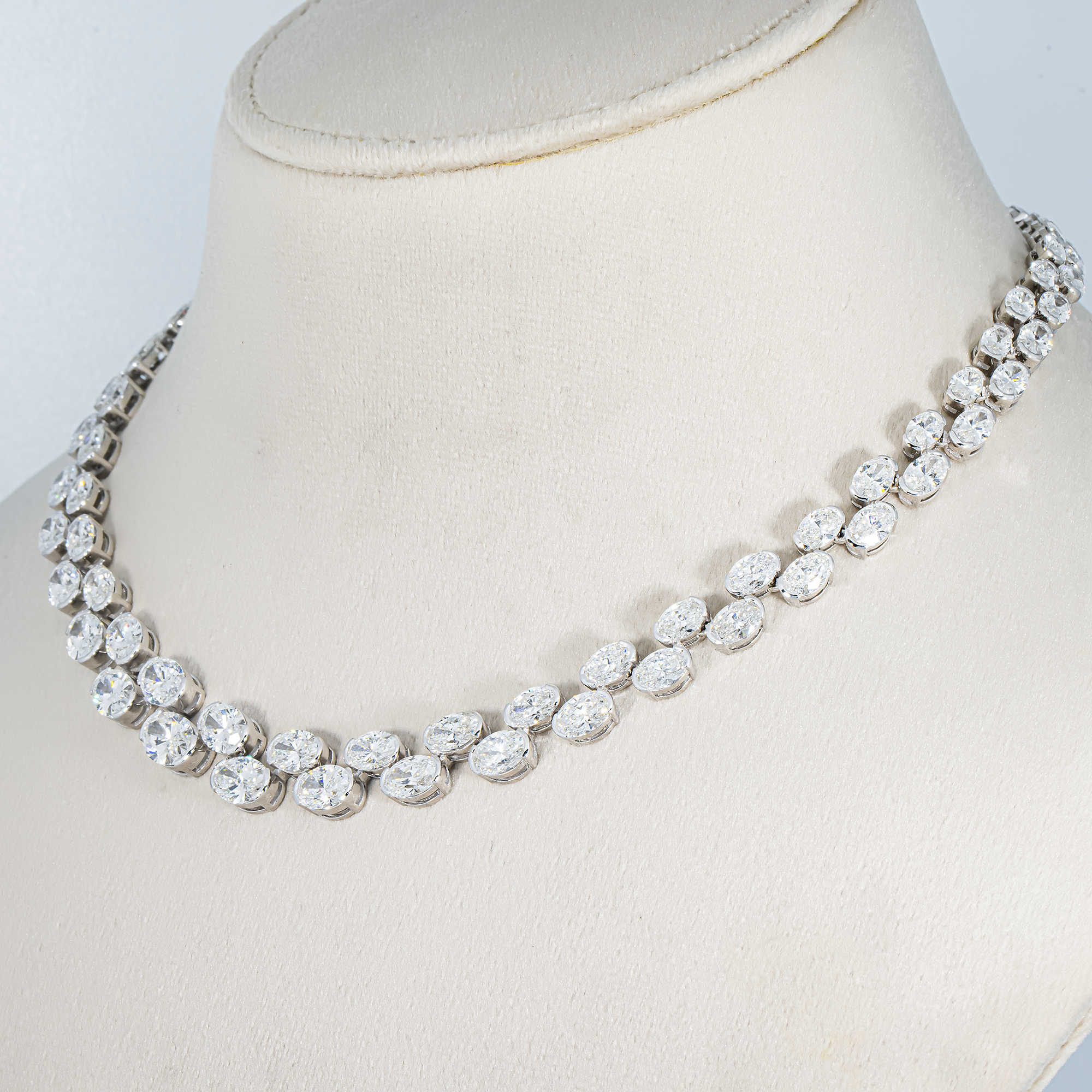 14K White Gold Graduated Oval Cut Floating Diamond Tennis Chain 39.15ct