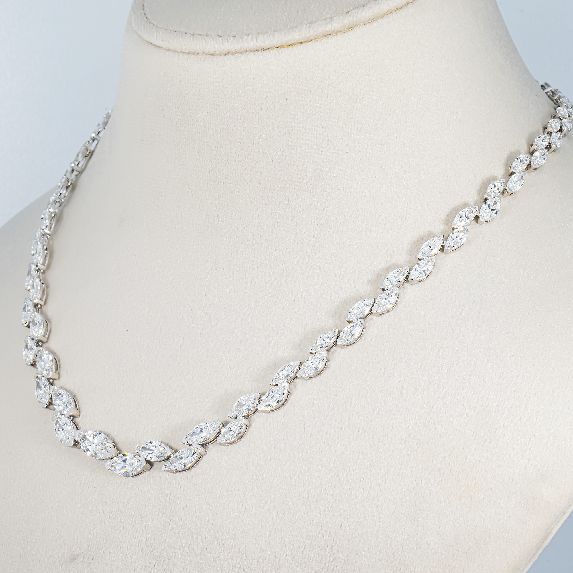 14K White Gold Graduated Marquise Diamond Rosebud Tennis Chain 28.07ct