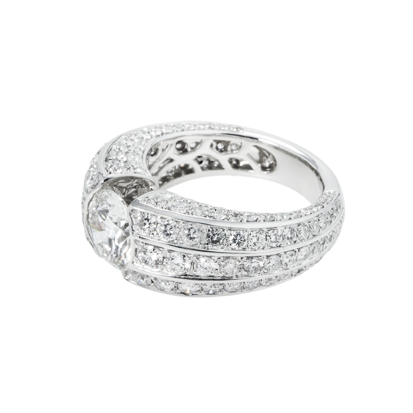 IGI 14K White Gold Triple Row Round Cut Diamond Ring 5.38ctw