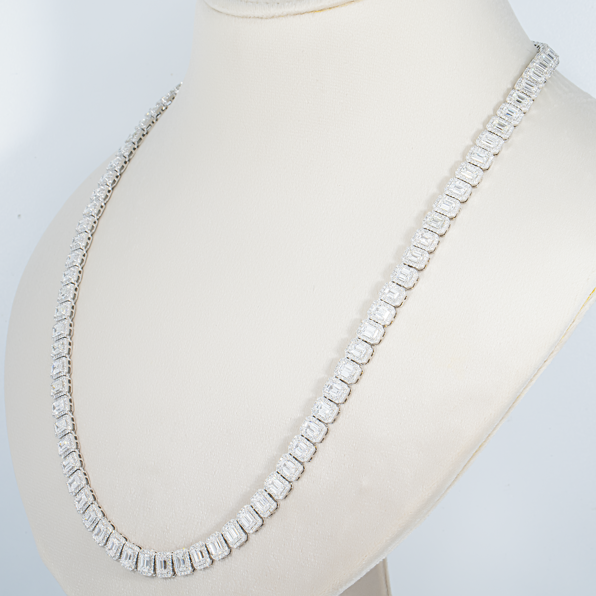 14K White Gold Round & Emerald Cut Diamond Tennis Chain 40.38ct