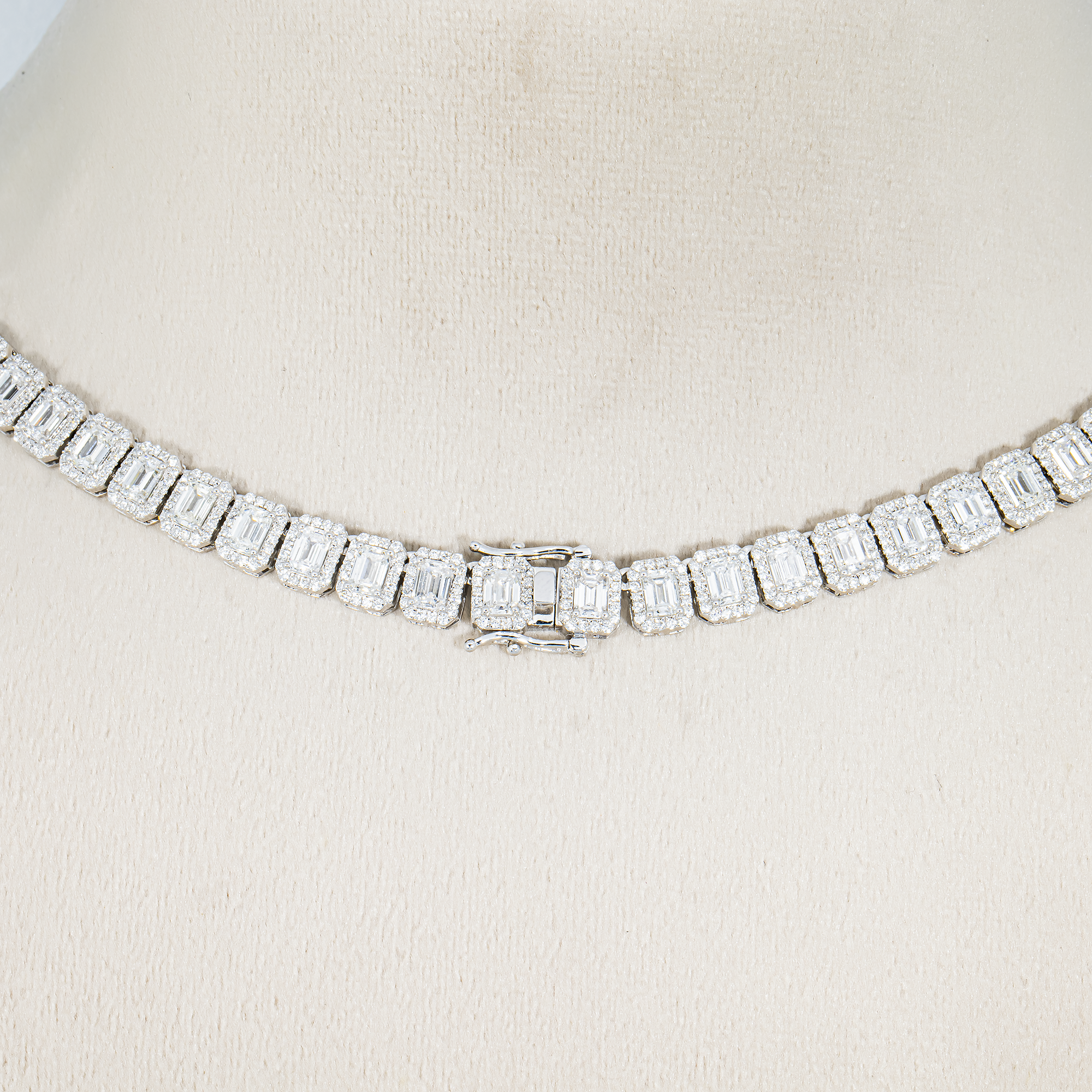14K White Gold Round & Emerald Cut Diamond Tennis Chain 40.38ct