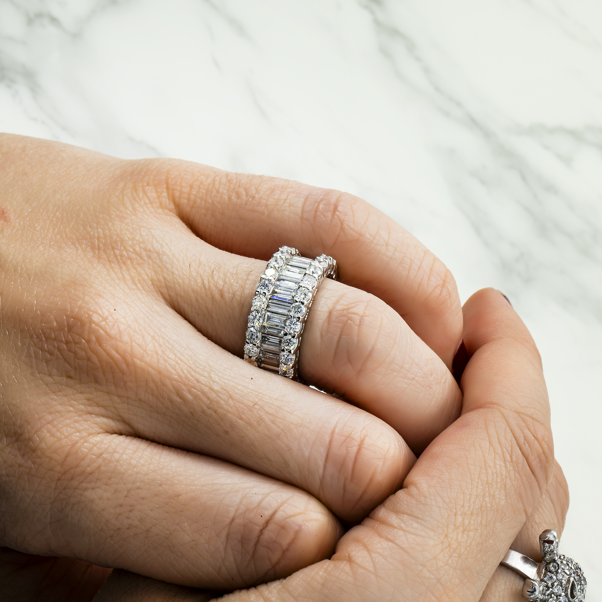 14K White Gold Baguette & Round Cut Diamond Eternity Ring 6.41Ct (Size 6.5) Earrings