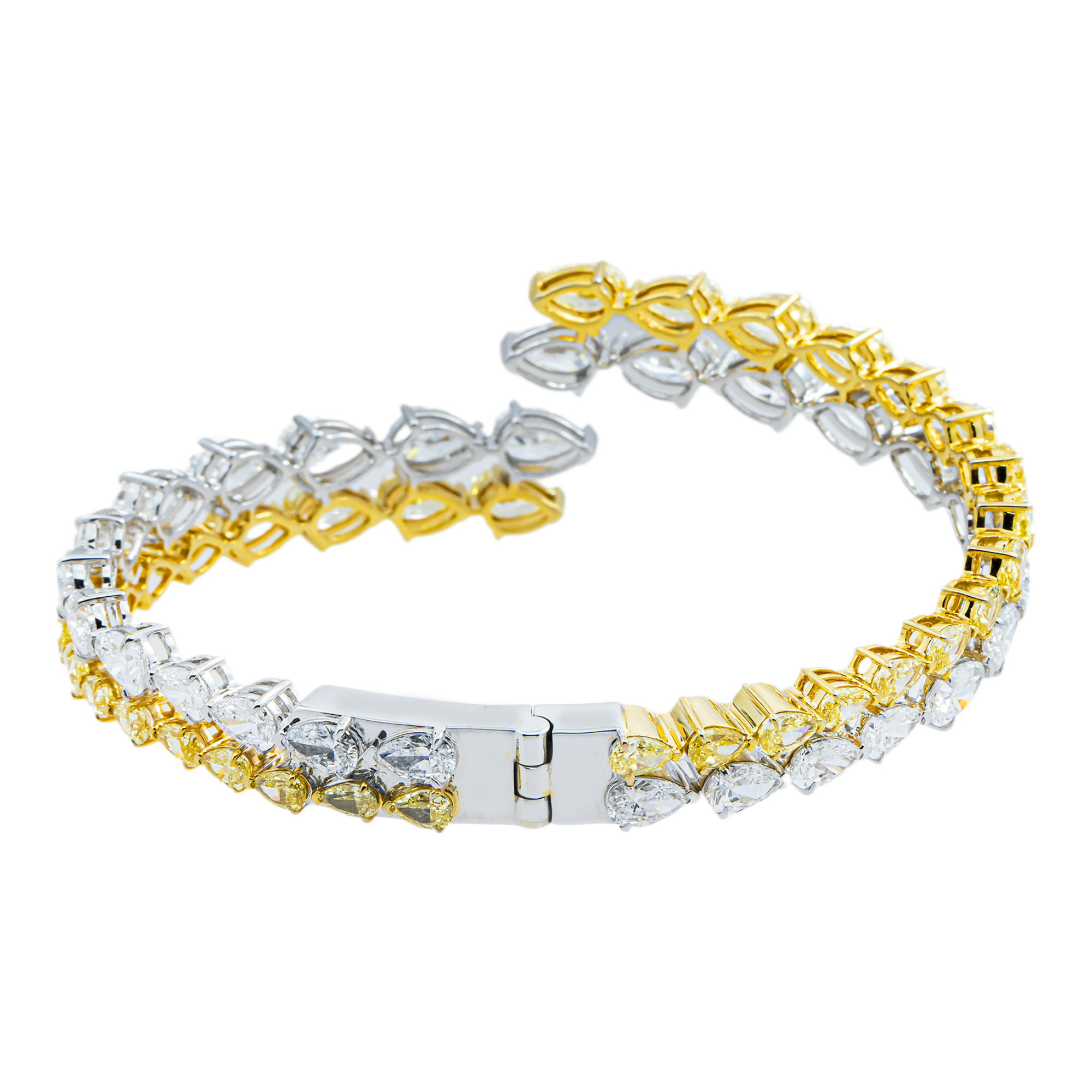 14K Two Tone Fancy Yellow & White Pear Diamond Bangle Bracelet 20.54ct