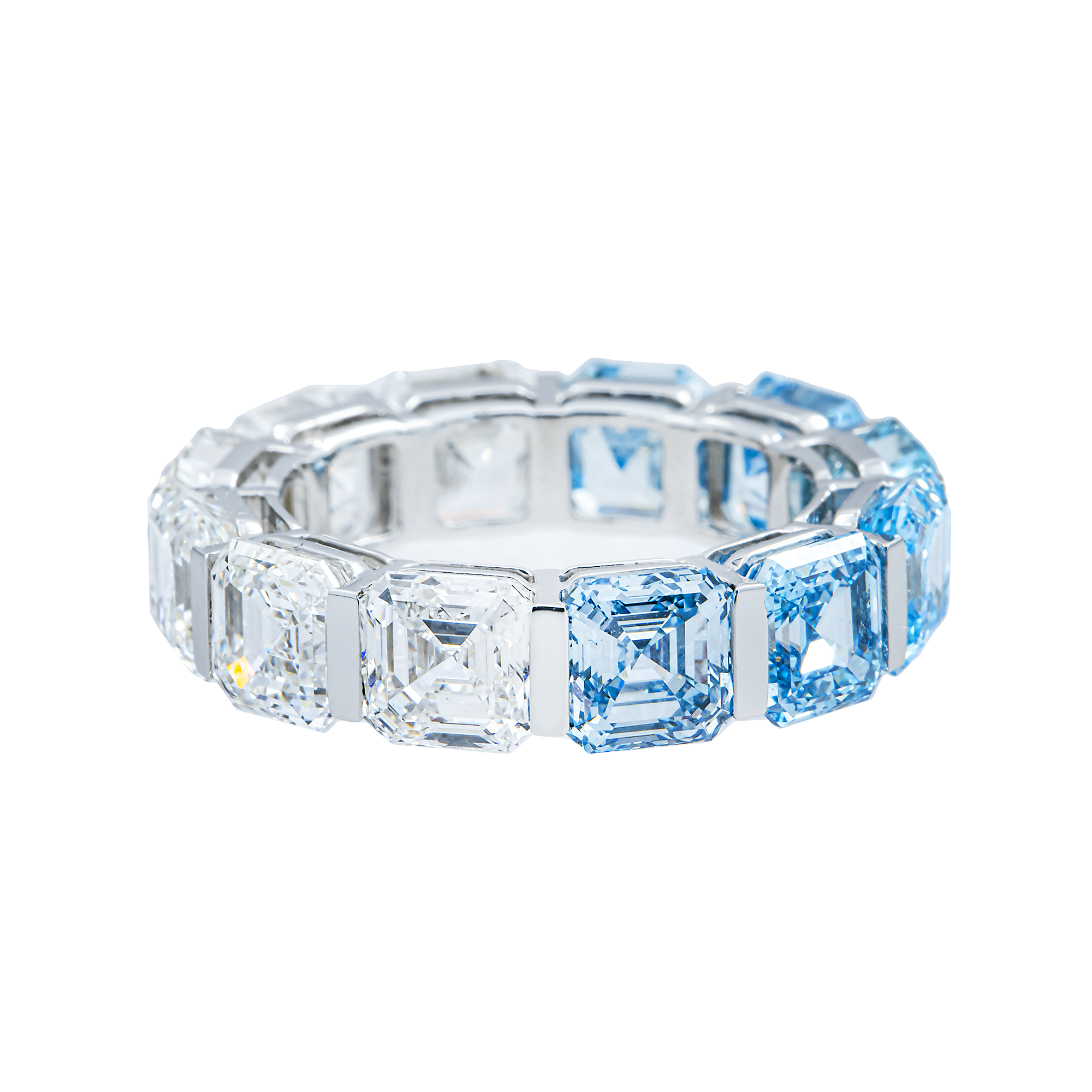 14K White Gold Asscher Cut Fancy Blue & White Diamond Eternity Ring 12.38ct (Size 6)