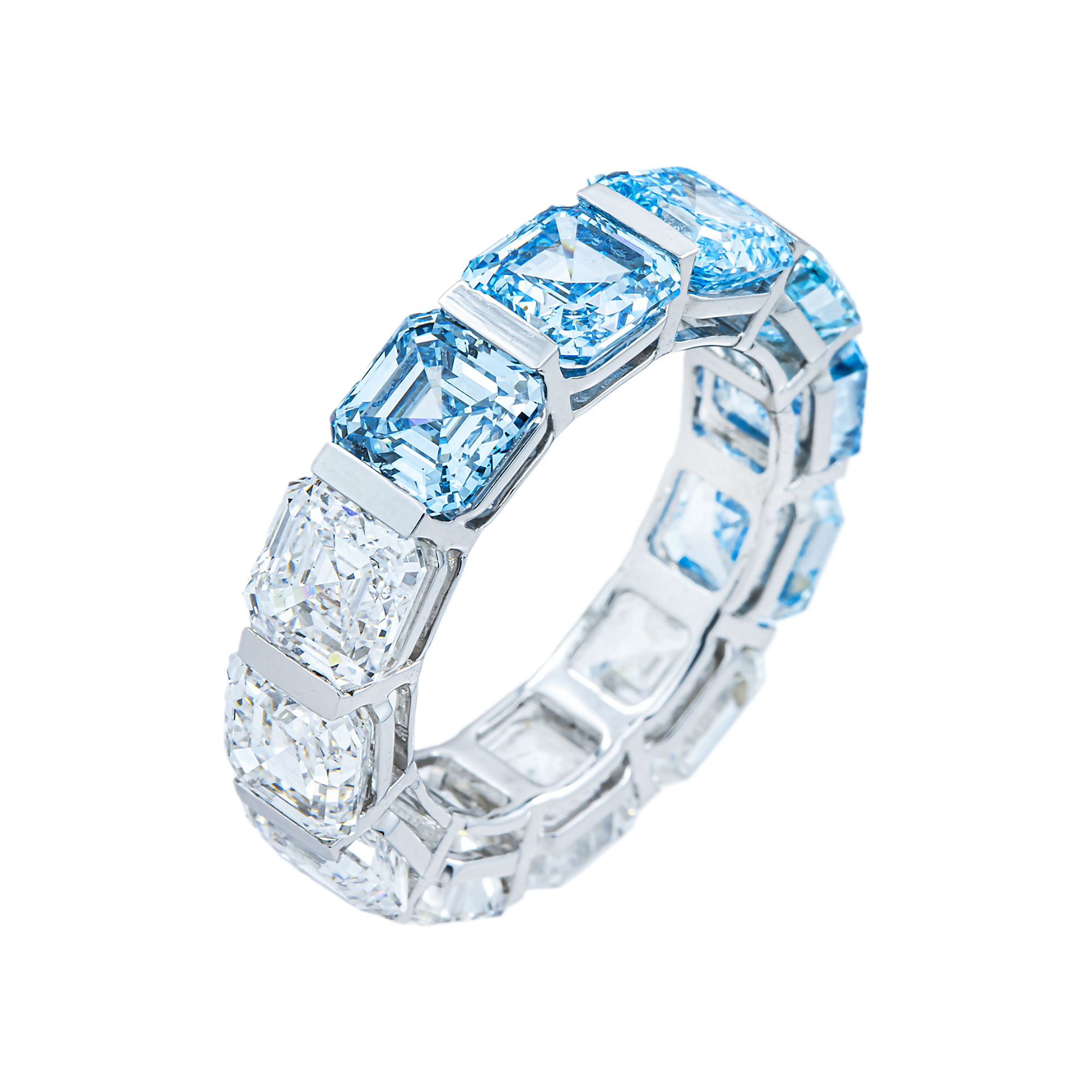 14K White Gold Asscher Cut Fancy Blue & White Diamond Eternity Ring 12.38ct (Size 6)