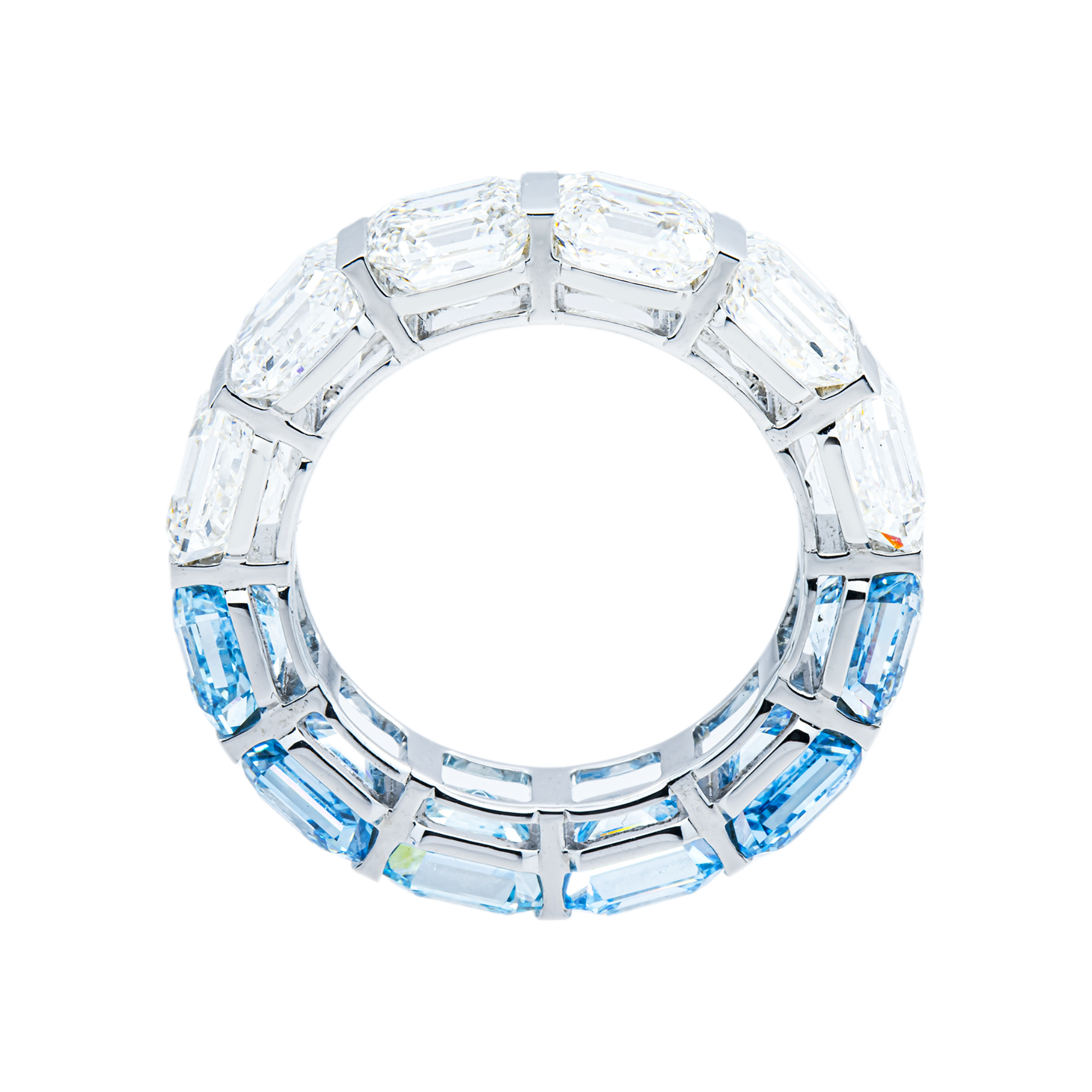 14K White Gold Asscher Cut Fancy Blue & White Diamond Eternity Ring 12.38ct (Size 6)