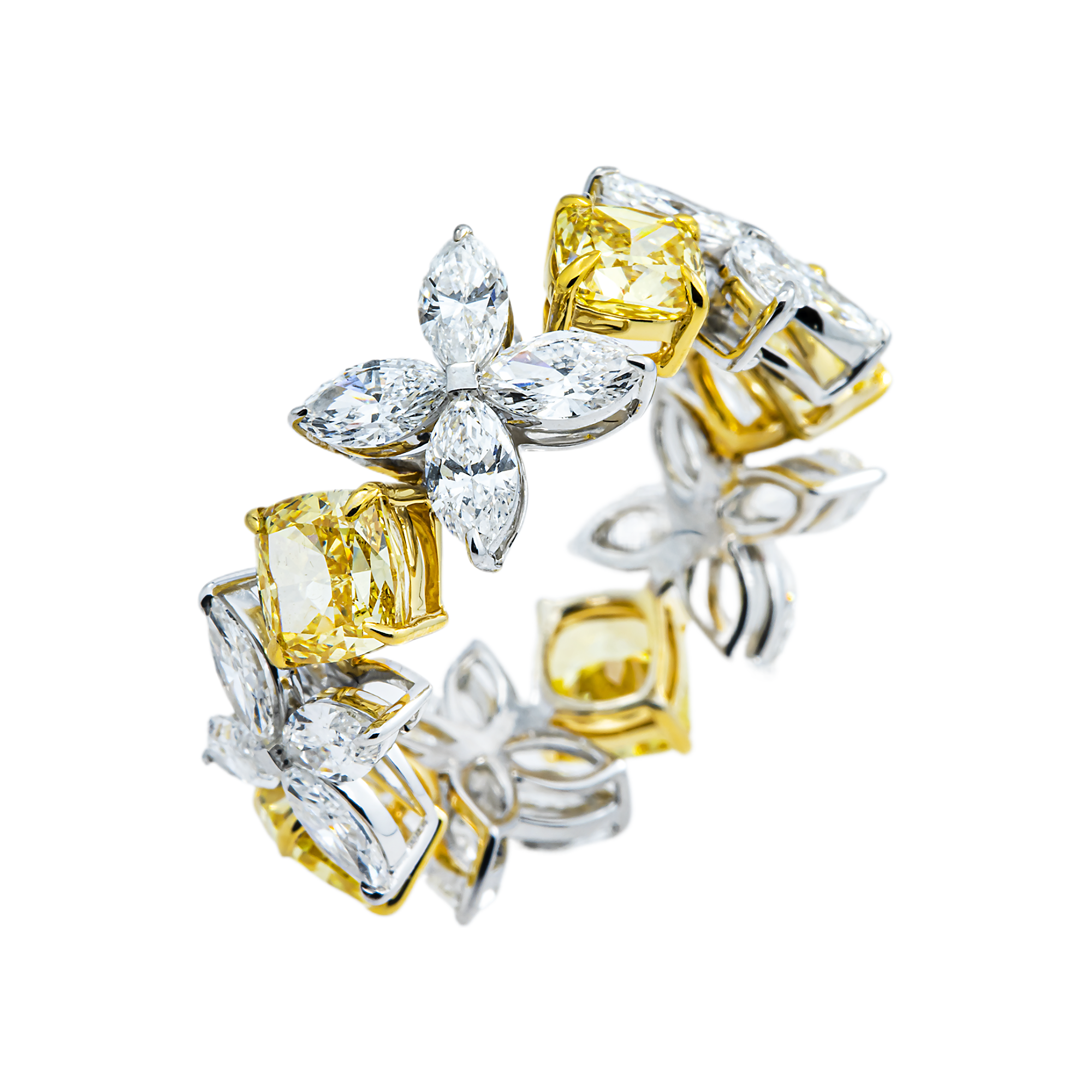 14K Two Tone Multi Cut Fancy Yellow & White Diamond Eternity Ring 6.49ct