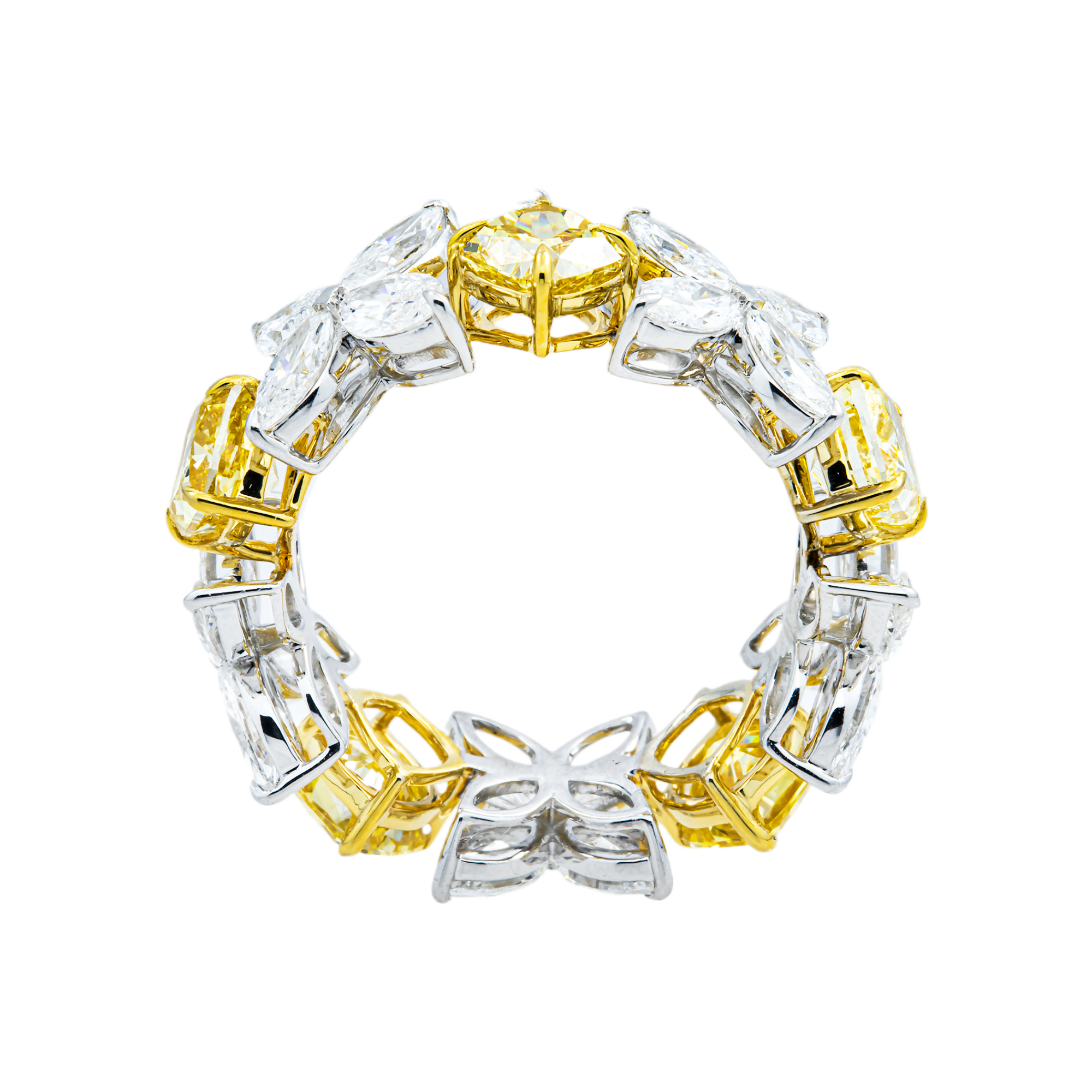 14K Two Tone Multi Cut Fancy Yellow & White Diamond Eternity Ring 6.49ct