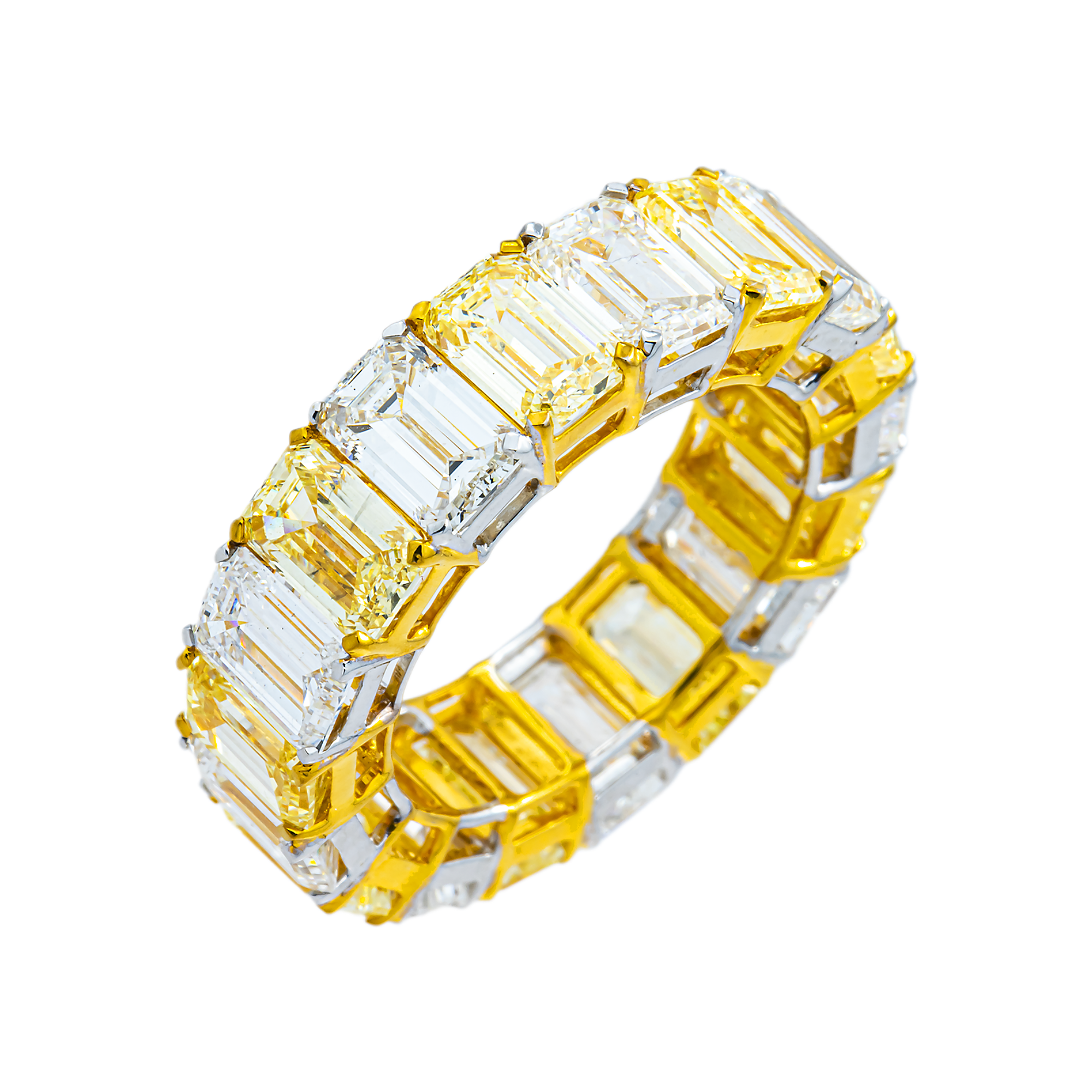 14K Two Tone Emerald Cut Fancy Yellow & White Diamond Eternity Ring 11.73ct