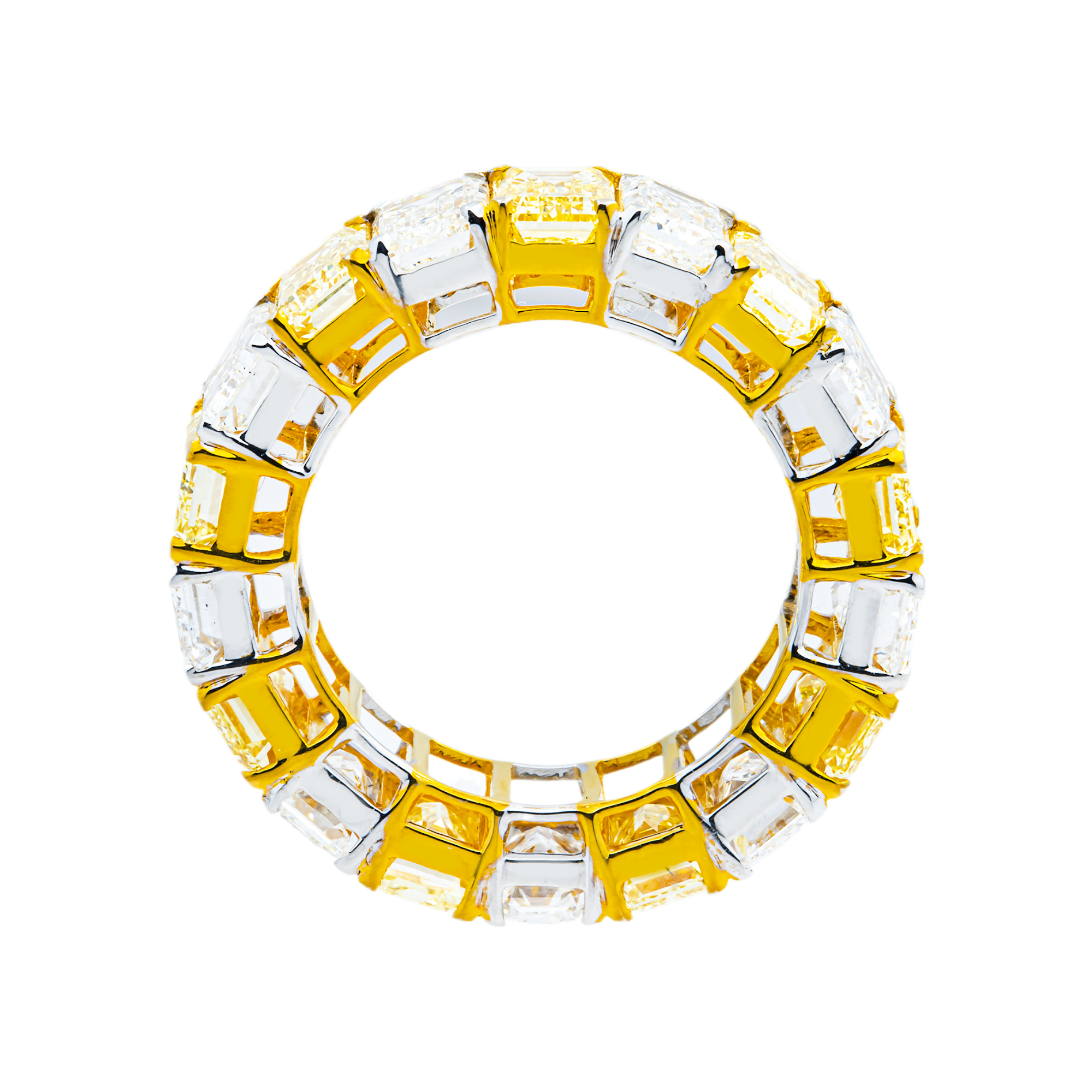 14K Two Tone Emerald Cut Fancy Yellow & White Diamond Eternity Ring 11.73ct