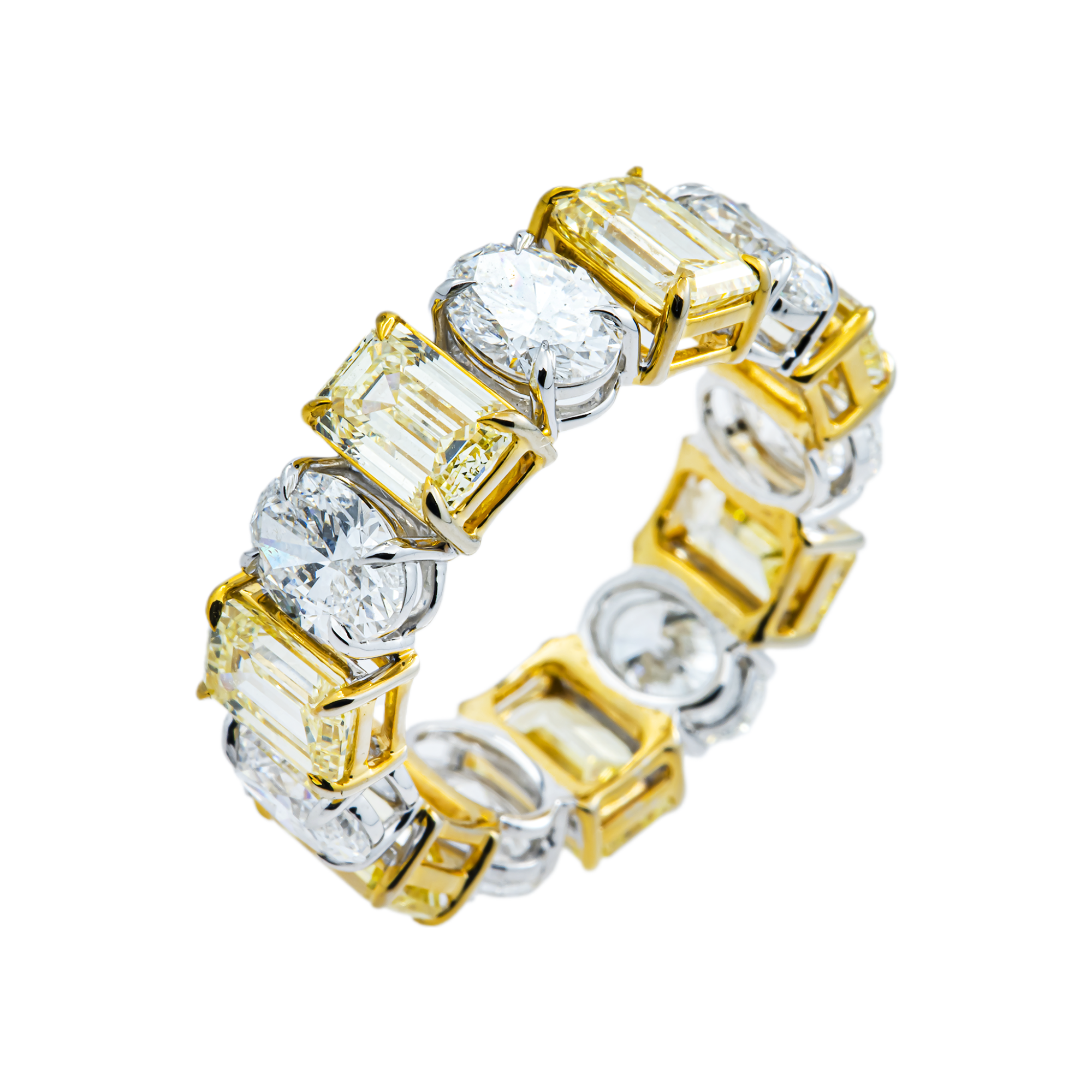 14K Two Tone Multi Cut Fancy Yellow & White Diamond Eternity Ring 8.16ct (Size 6)