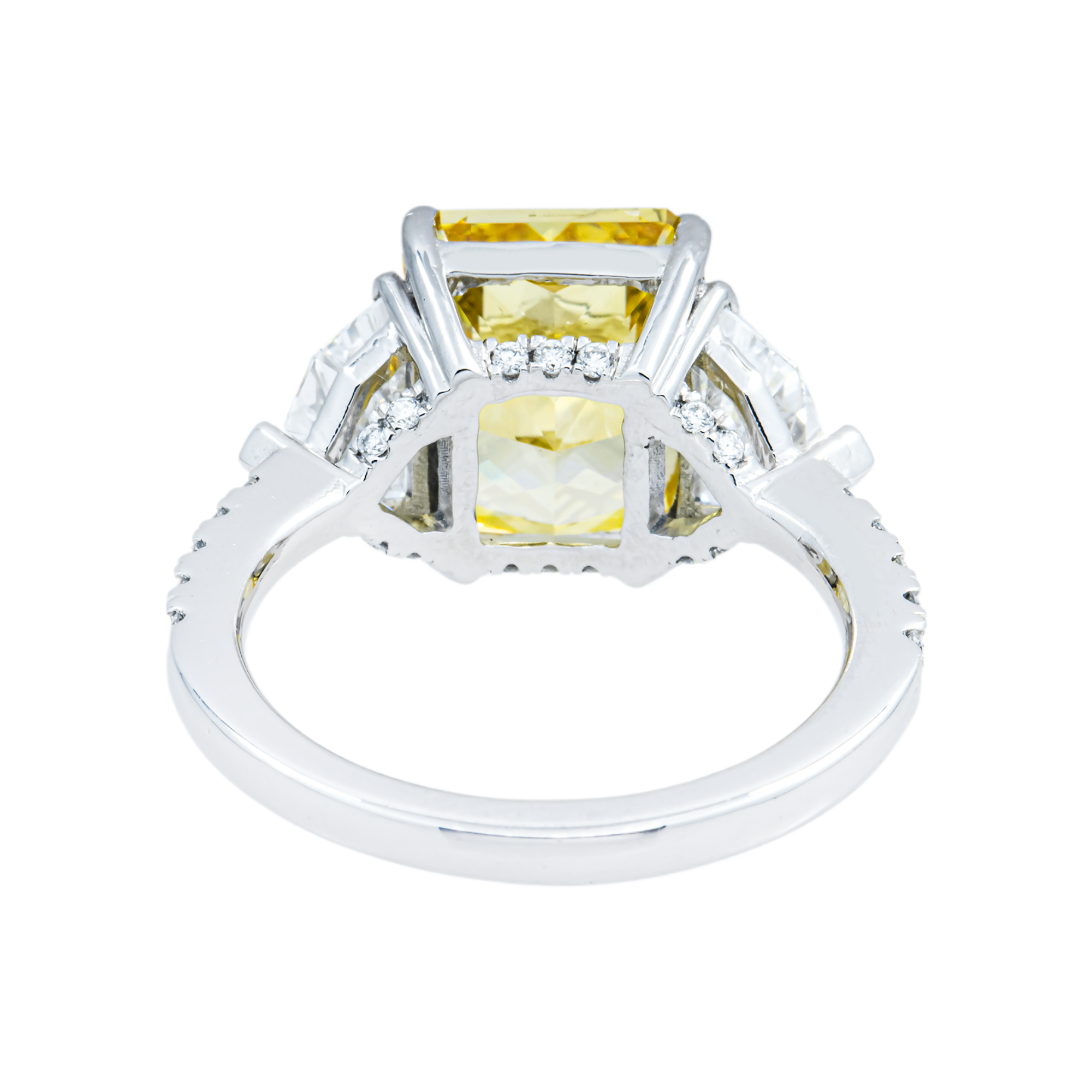 14K White Gold 5.61ct Radiant Fancy Yellow Diamond Ring 7.41ctw