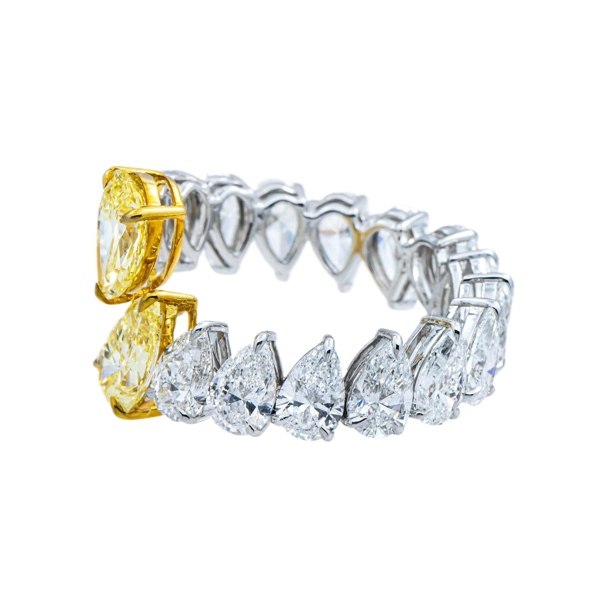 14K Two Tone Pear Cut Fancy Yellow & White Diamond Wrap Ring 6.82ct