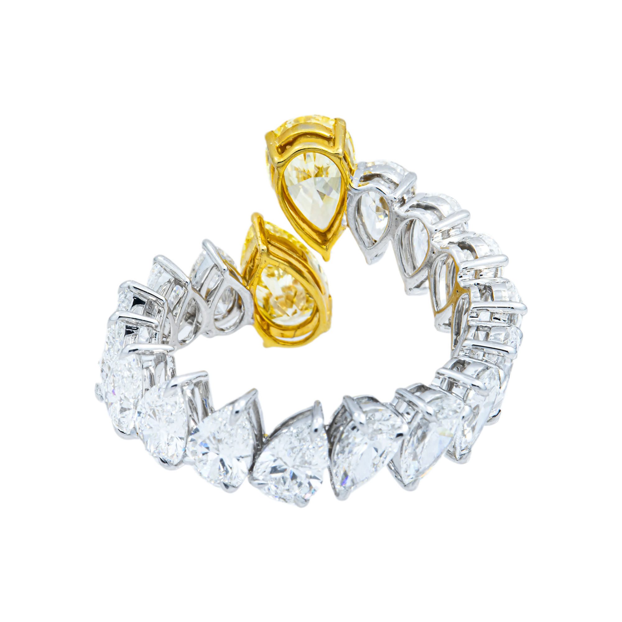 14K Two Tone Pear Cut Fancy Yellow & White Diamond Wrap Ring 6.82ct