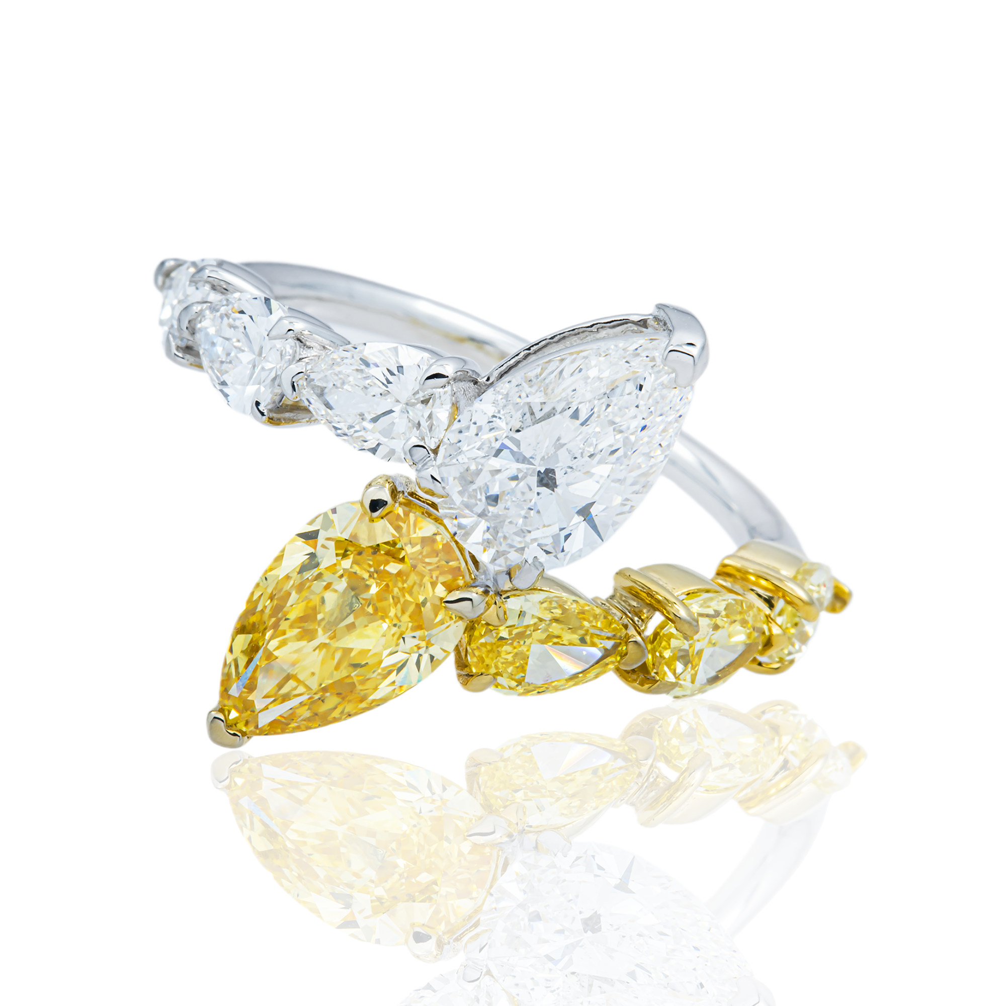 14K Two Tone Pear Cut Fancy Yellow & White Diamond Wrap Ring 4.35ct