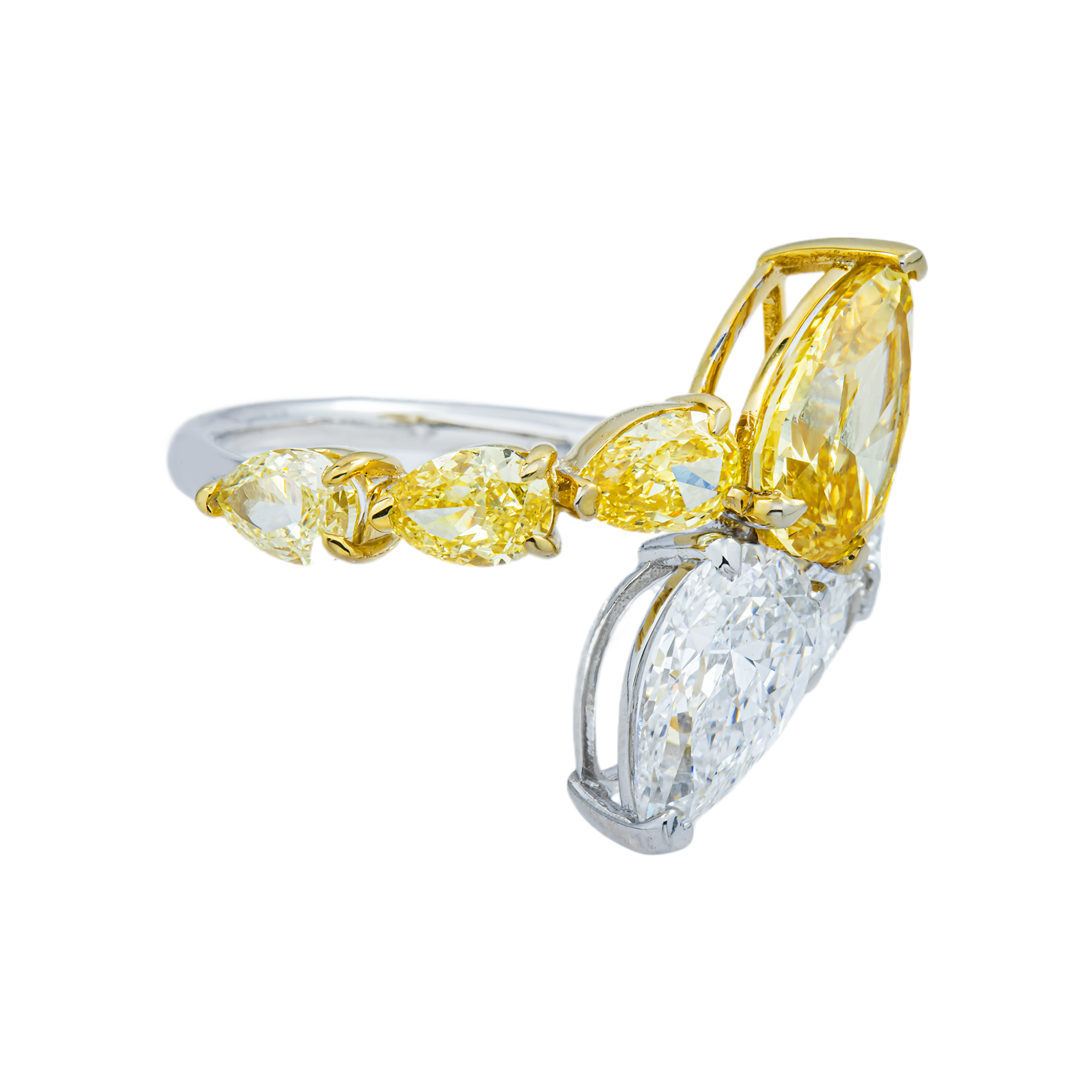 14K Two Tone Pear Cut Fancy Yellow & White Diamond Wrap Ring 4.35ct