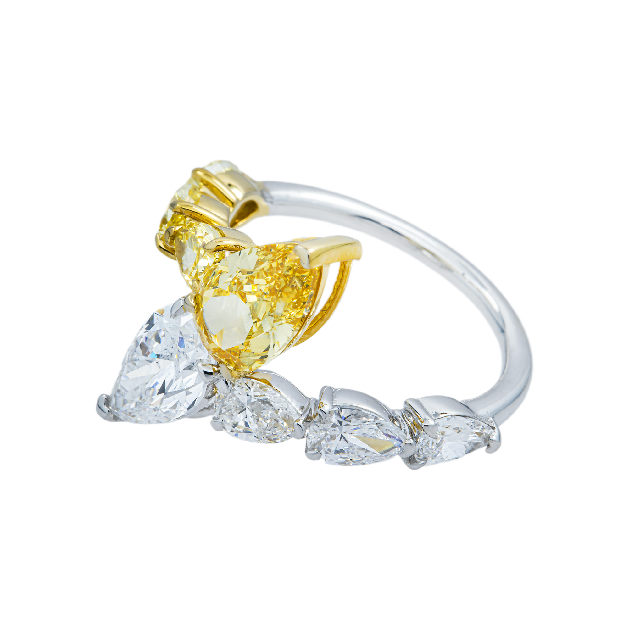 14K Two Tone Pear Cut Fancy Yellow & White Diamond Wrap Ring 4.35ct