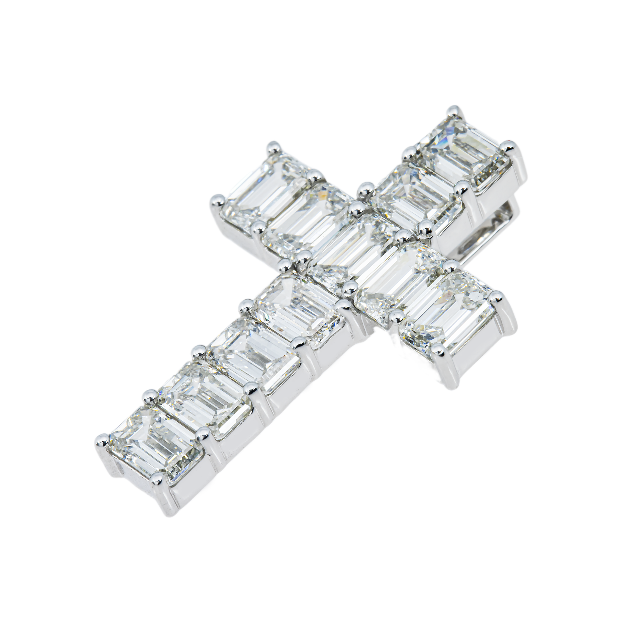 14K White Gold Emerald Cut Diamond Cross Pendant 8.39ct